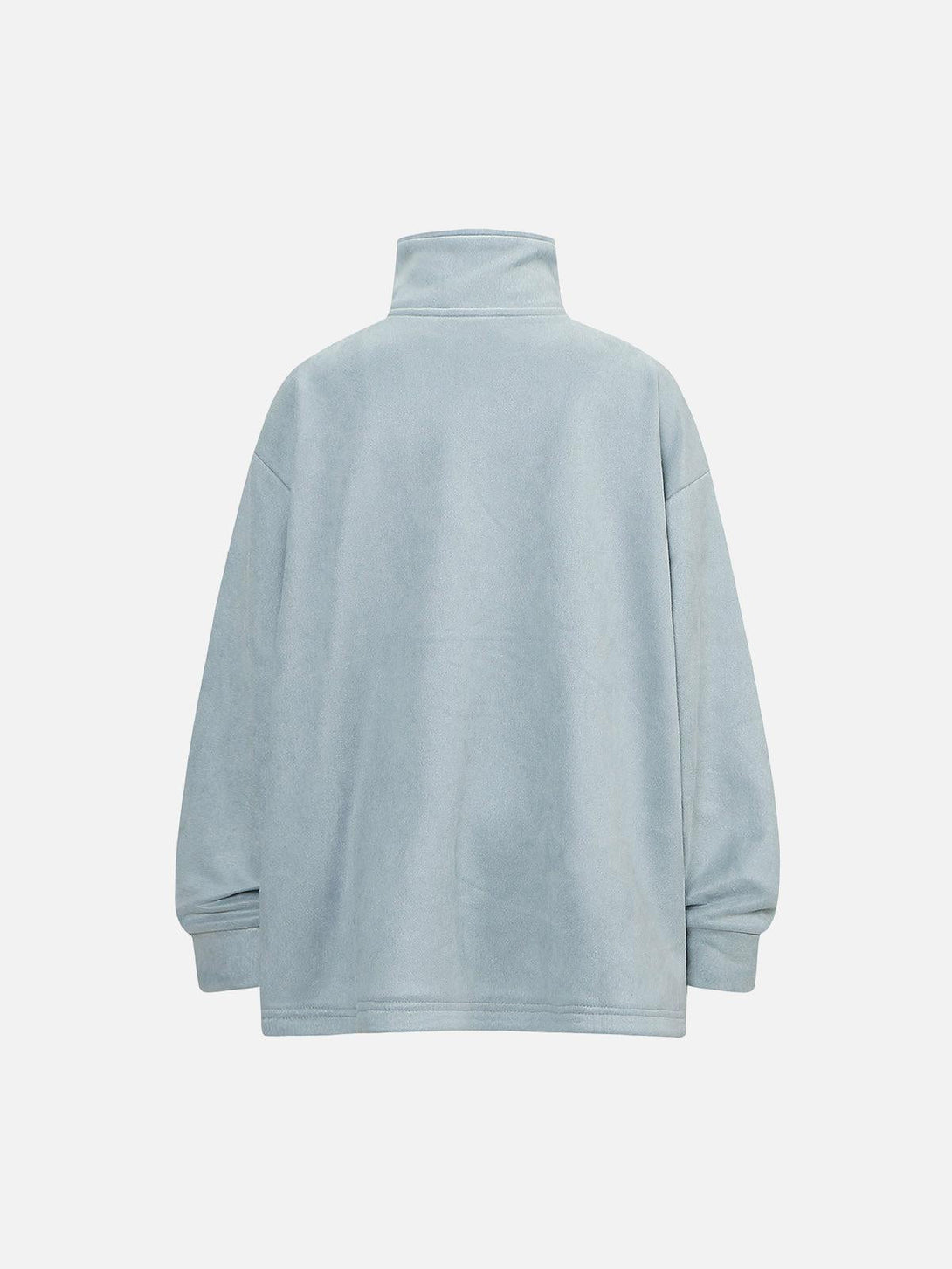 Back view of a light blue suede fleece sweatshirt by TALISHKO, featuring a cozy high collar.