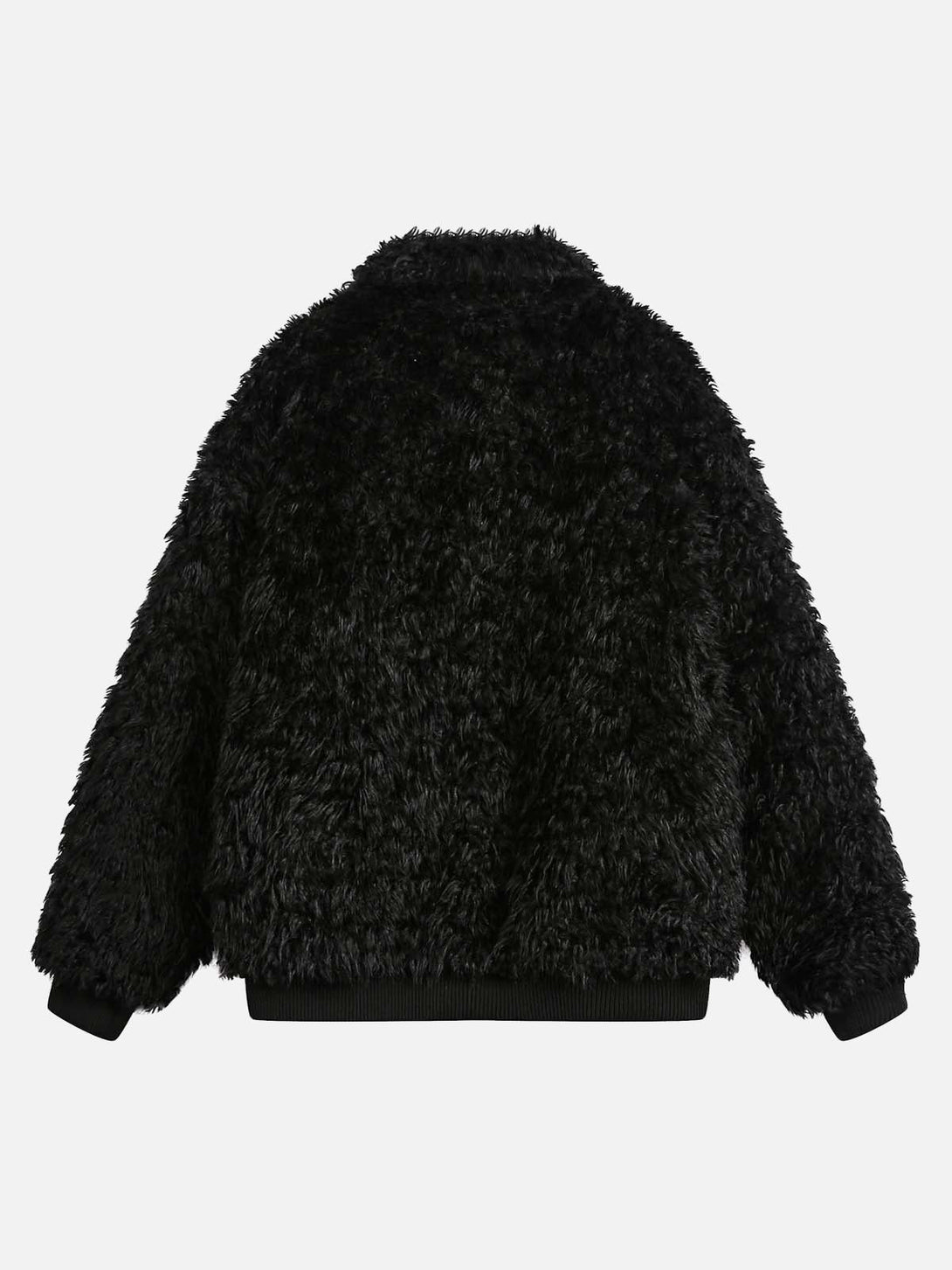 Back view of a black faux fur jacket by TALISHKO, highlighting its textured, cozy design.