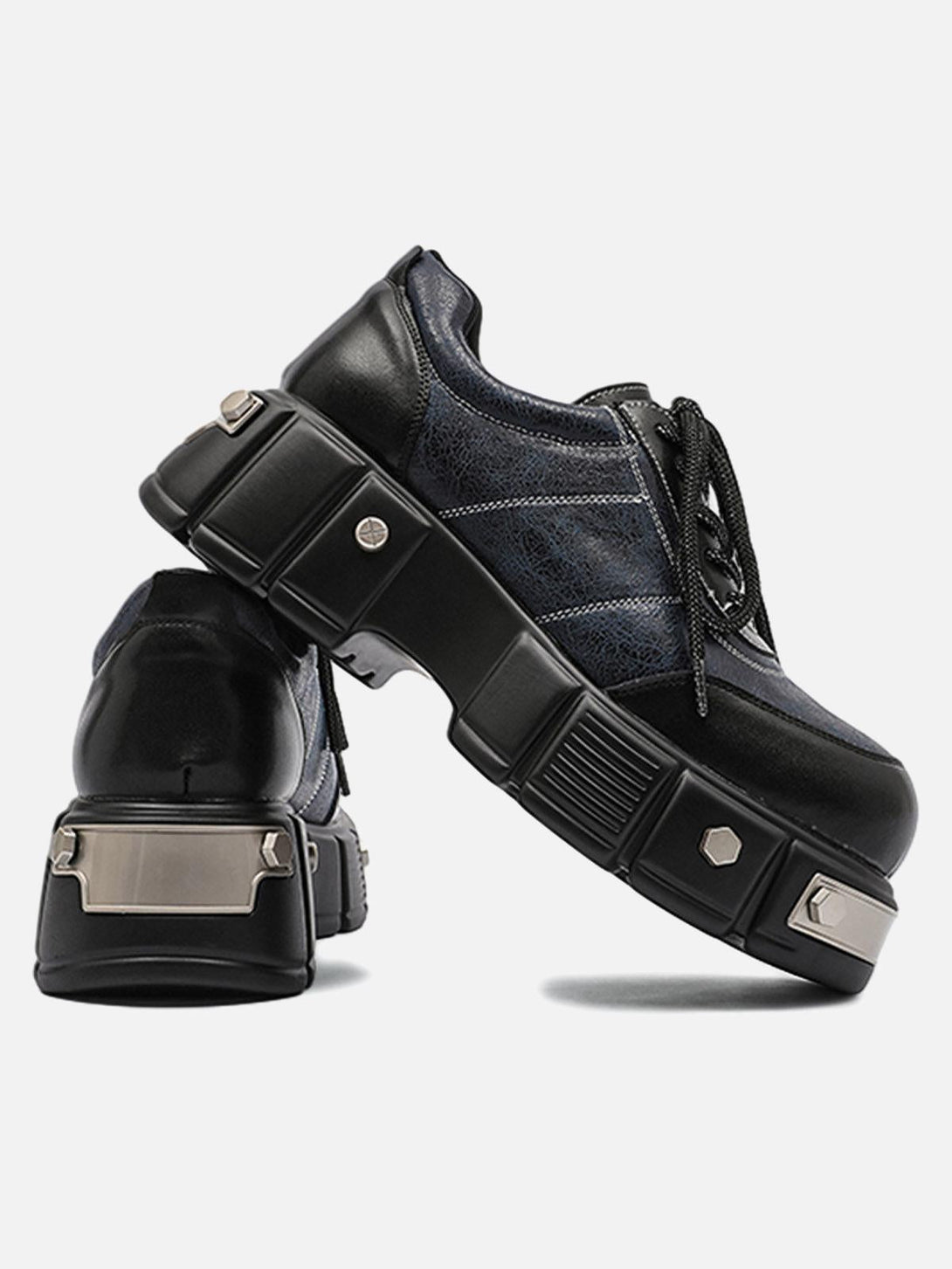 Chunky leather shoes by TALISHKO featuring metal plates, showcasing bold and modern design.