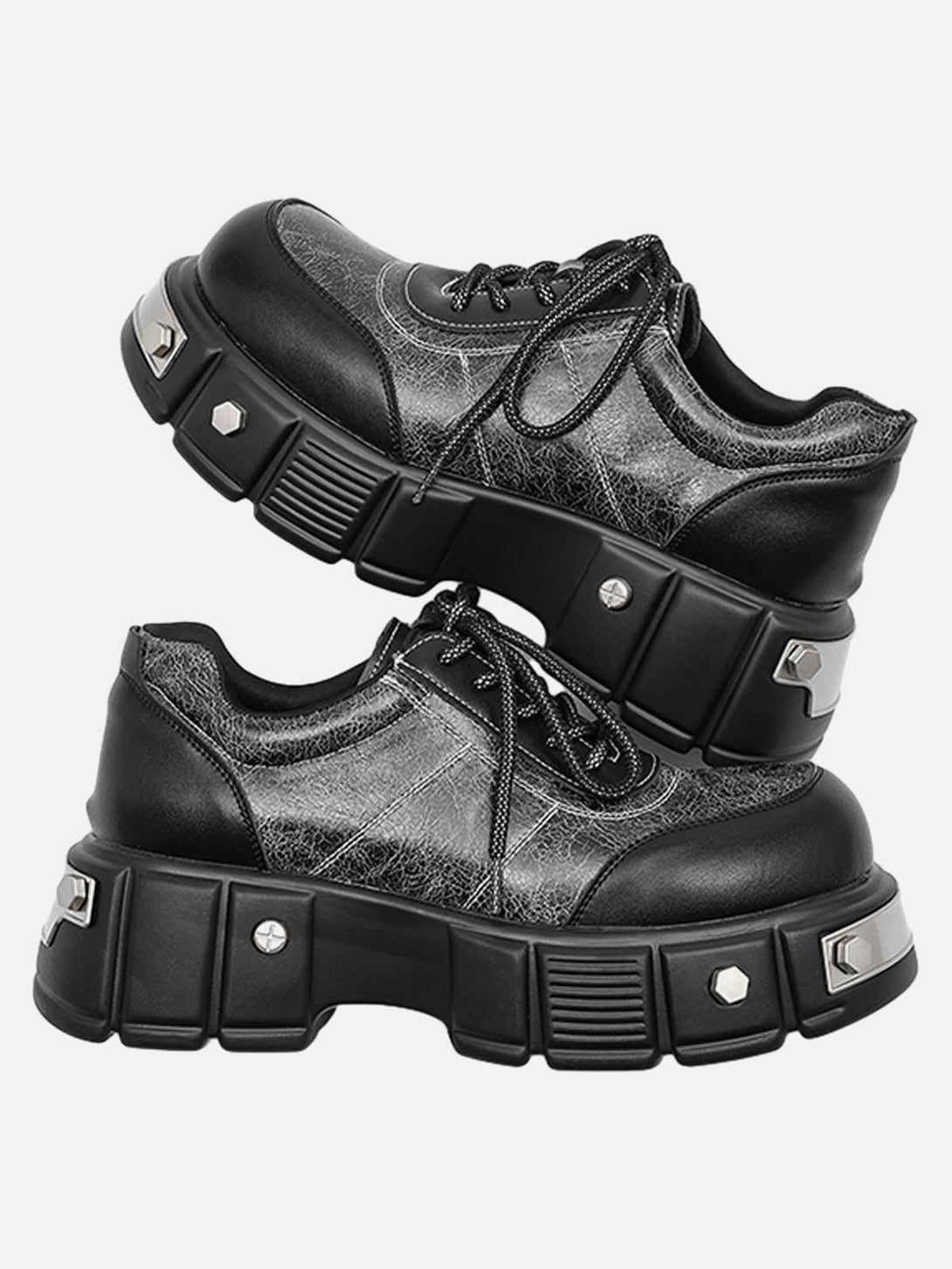 Chunky leather shoes by TALISHKO with metal accents, emphasizing a bold, futuristic design.