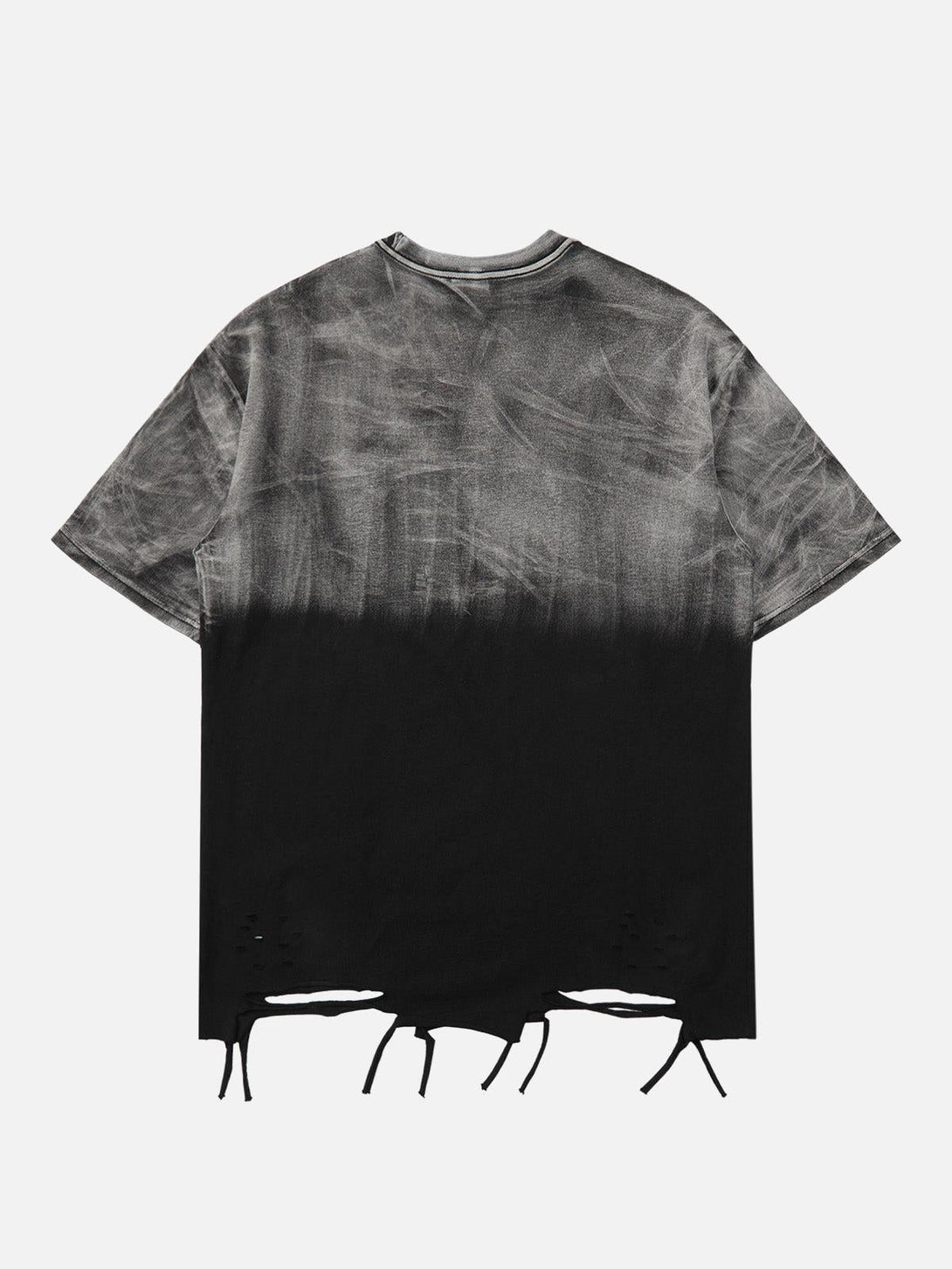 Back view of a TALISHKO street rap T-shirt featuring a distressed hem and unique fade design.