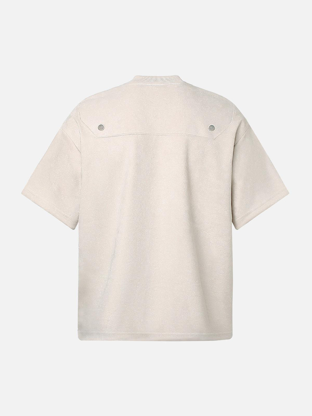 Back view of TALISHKO suede crew neck T-shirt in beige showcasing metallic detailing.