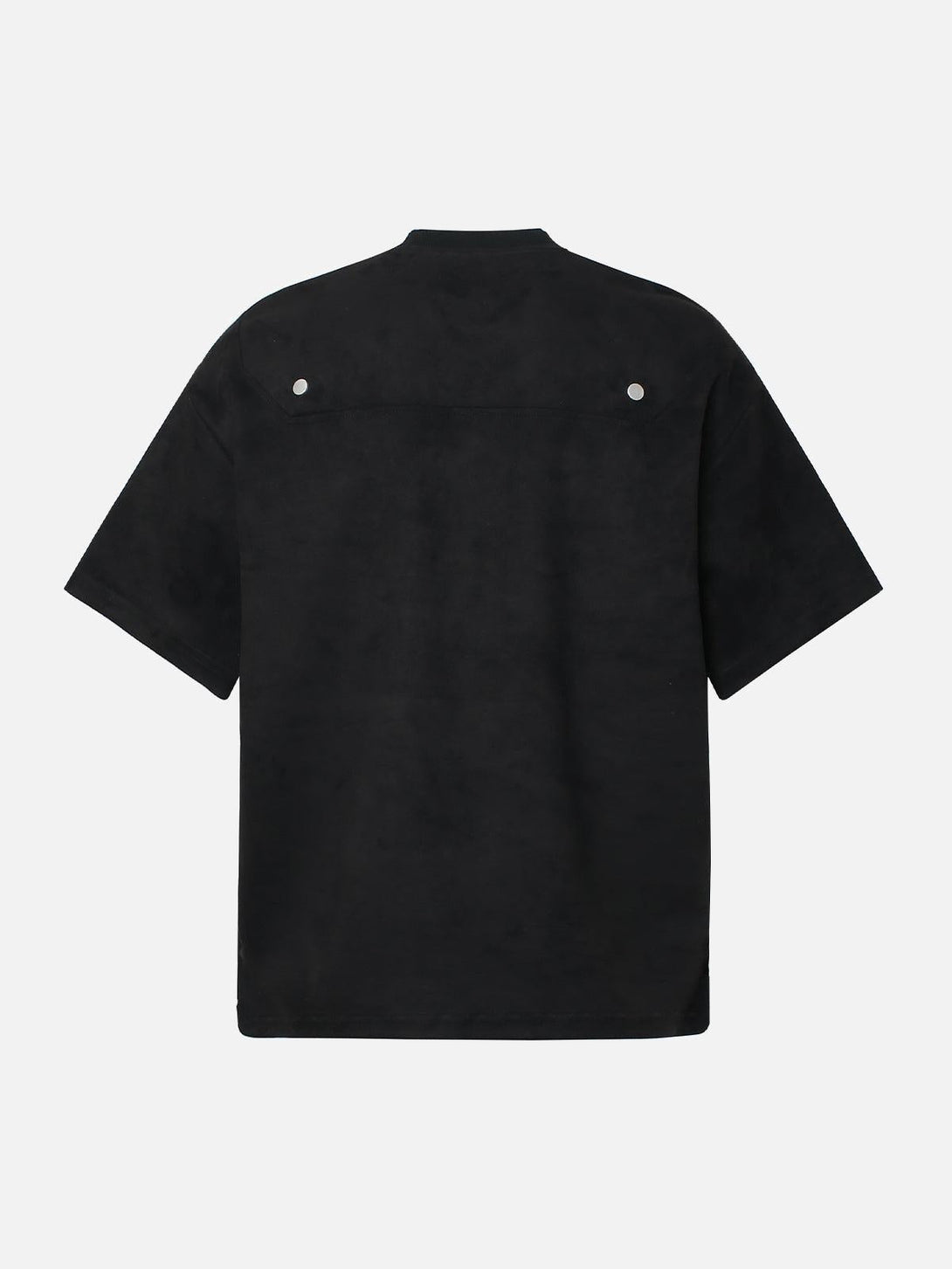 Back view of TALISHKO black suede crew neck T-shirt with subtle metallic accents.