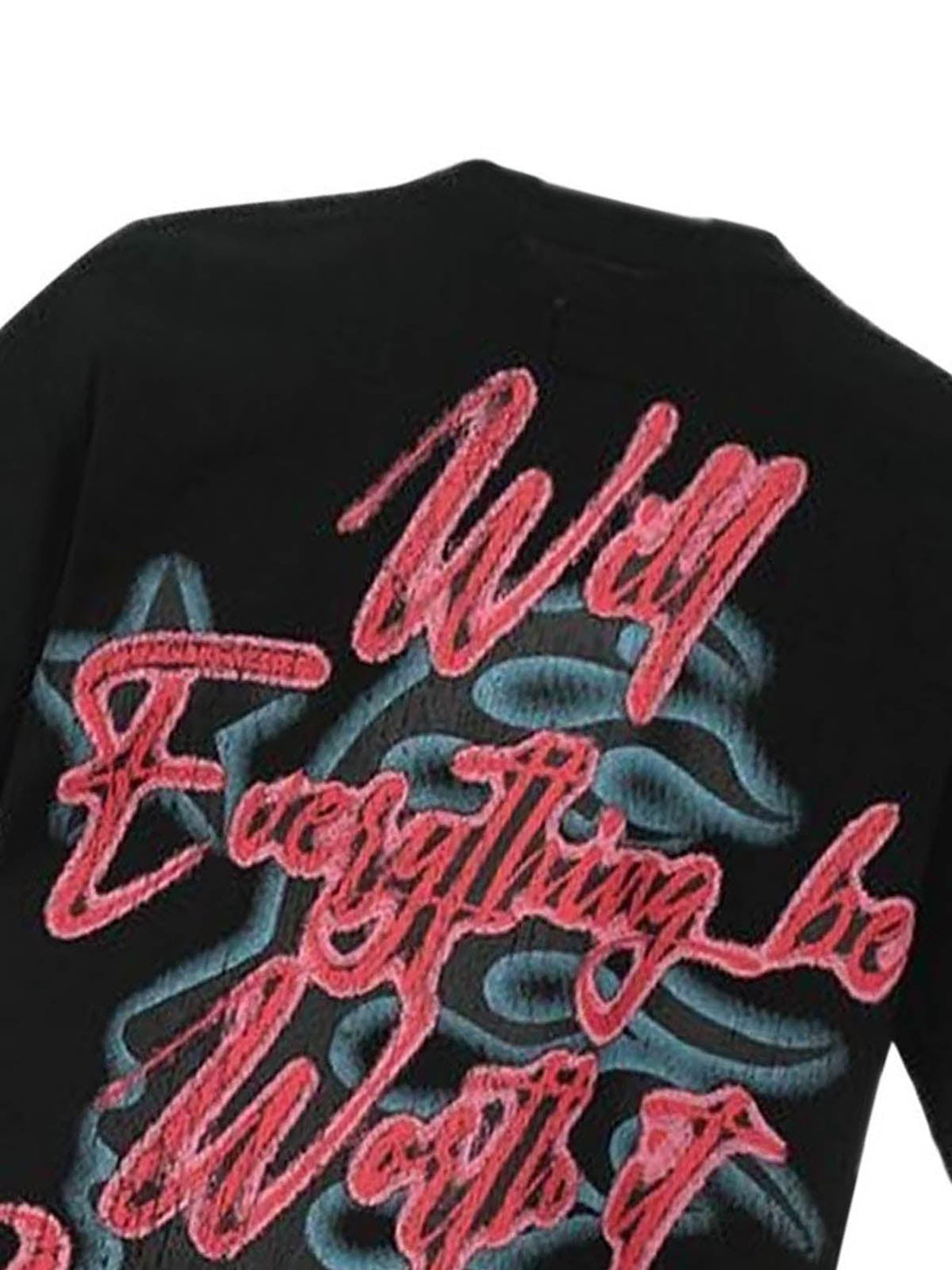 Back view of TALISHKO T-shirt with vibrant red and blue lettering, adding a bold touch.