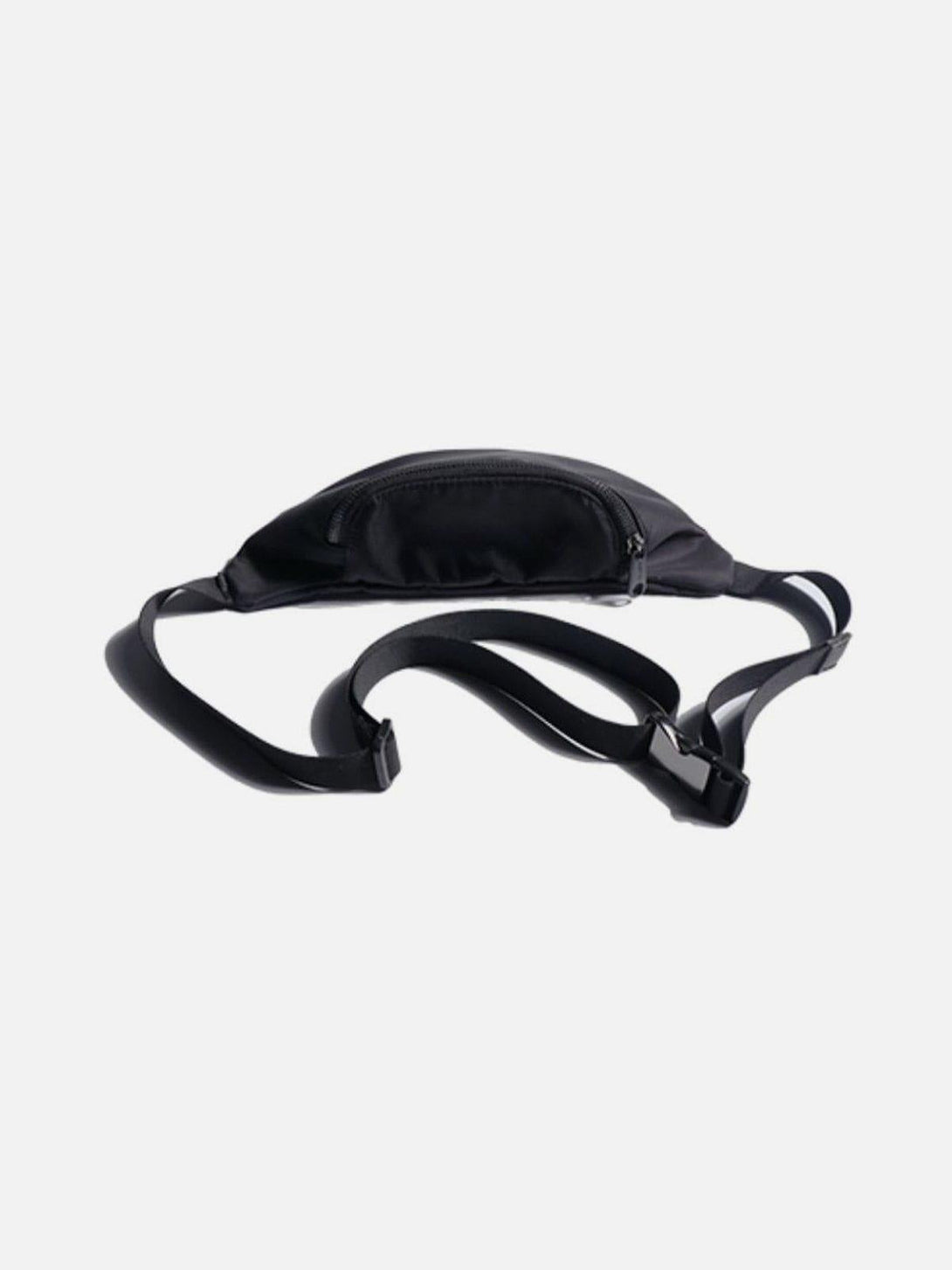 A black mini crossbody waist bag by TALISHKO, featuring adjustable straps and a zippered pocket.