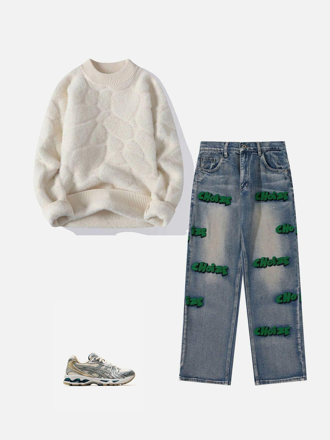 Cream sweater and denim jeans with green accents by TALISHKO, paired with stylish sneakers.