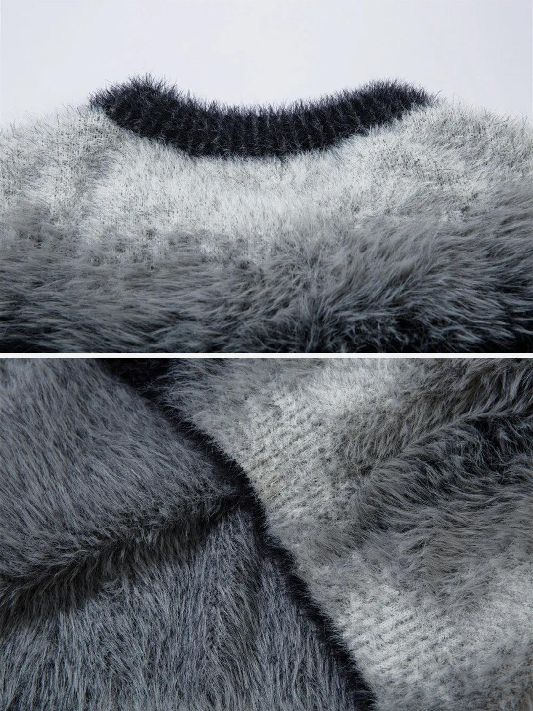 Focusing on the fluffy texture of a mohair spliced sweater by TALISHKO, showcasing intricate design.