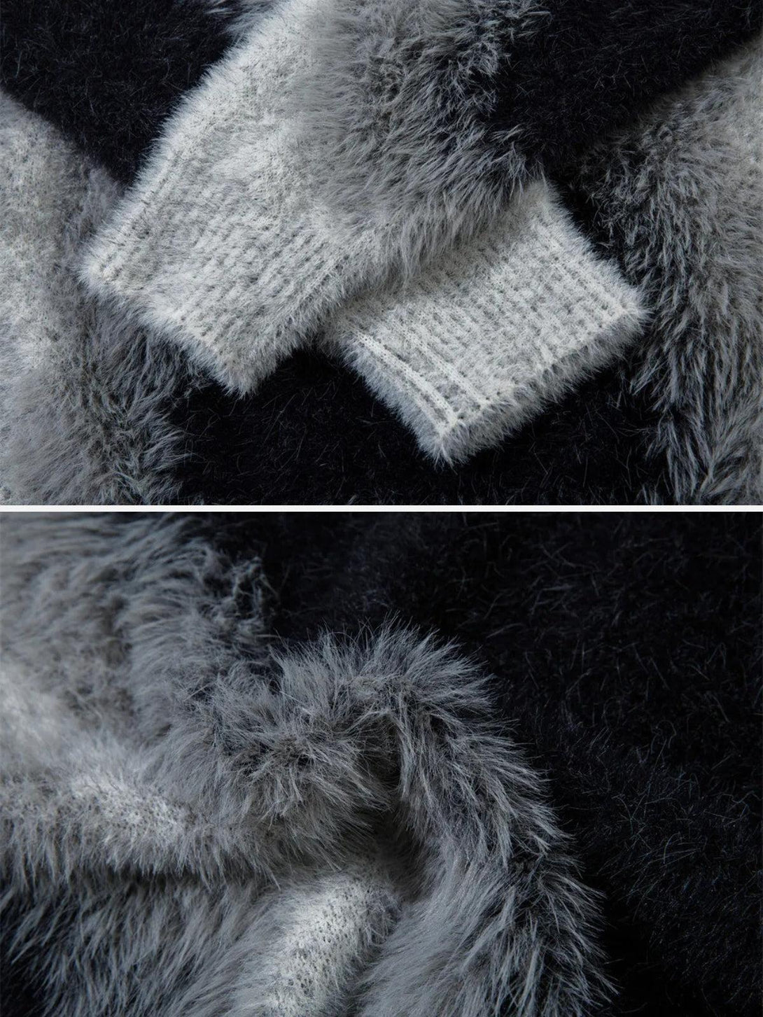 Intricate look at the fluffy texture of a mohair spliced sweater by TALISHKO.