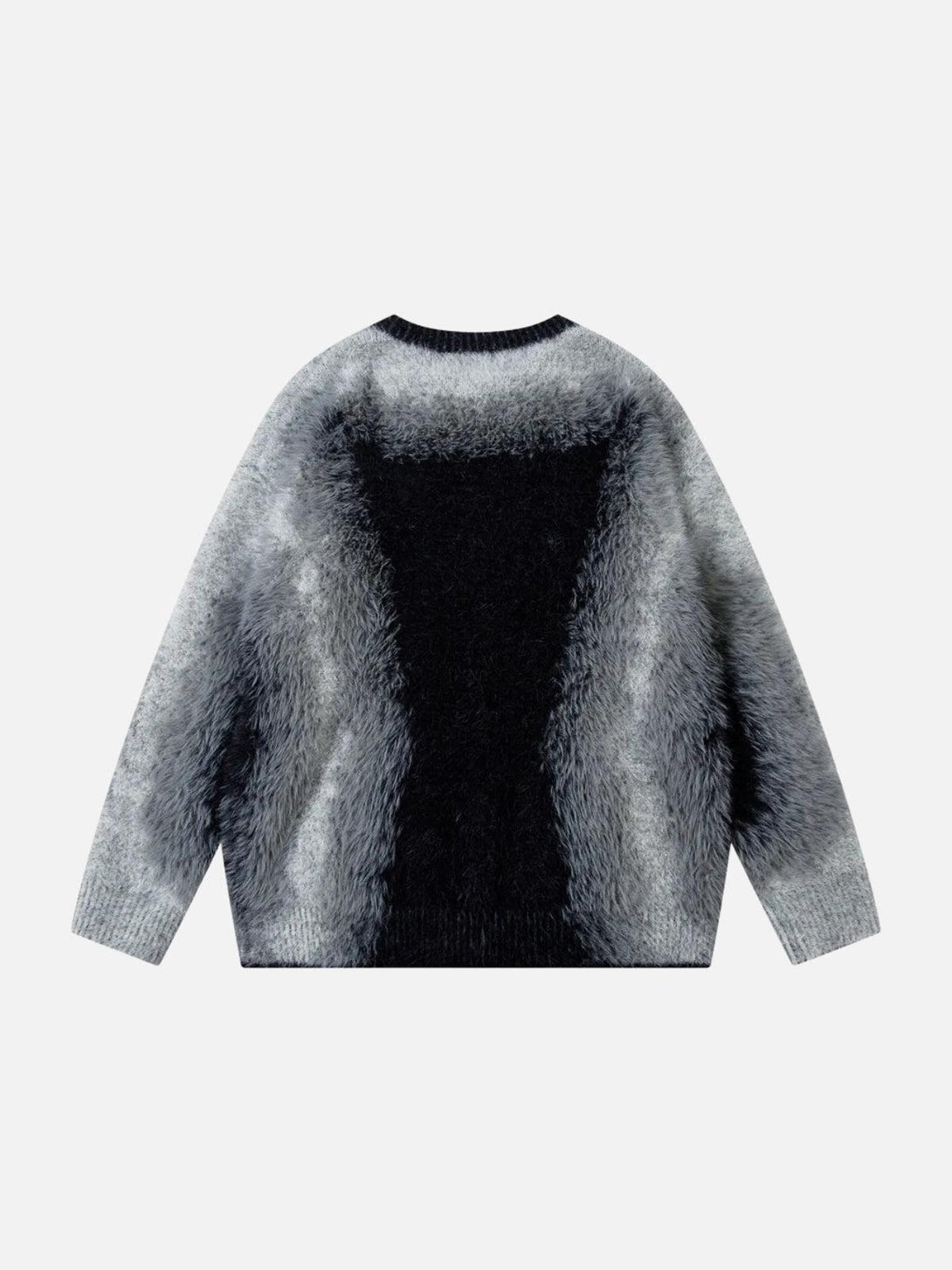 Back view of a mohair spliced sweater by TALISHKO, showcasing a unique textured pattern.