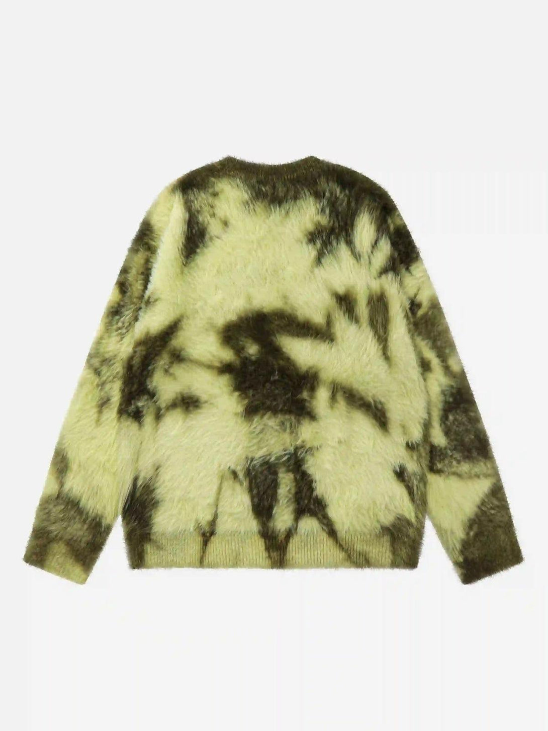 Back view of TALISHKO's mohair sweater in green tie-dye, highlighting its textured design.