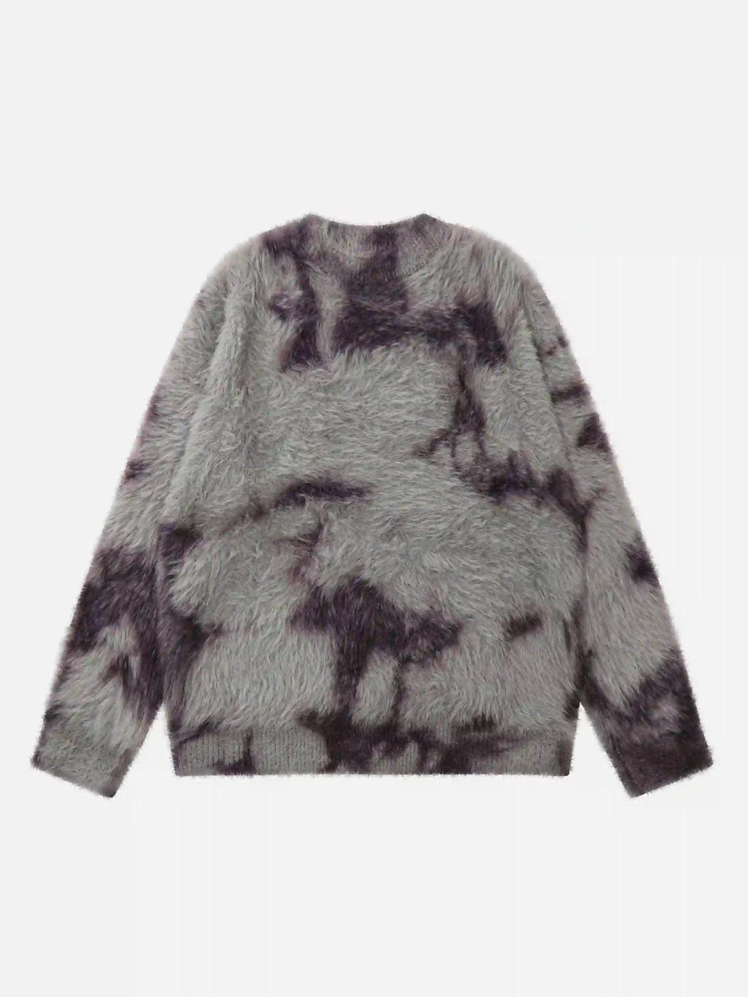 Back view of TALISHKO's mohair sweater in gray tie-dye, emphasizing its soft texture.