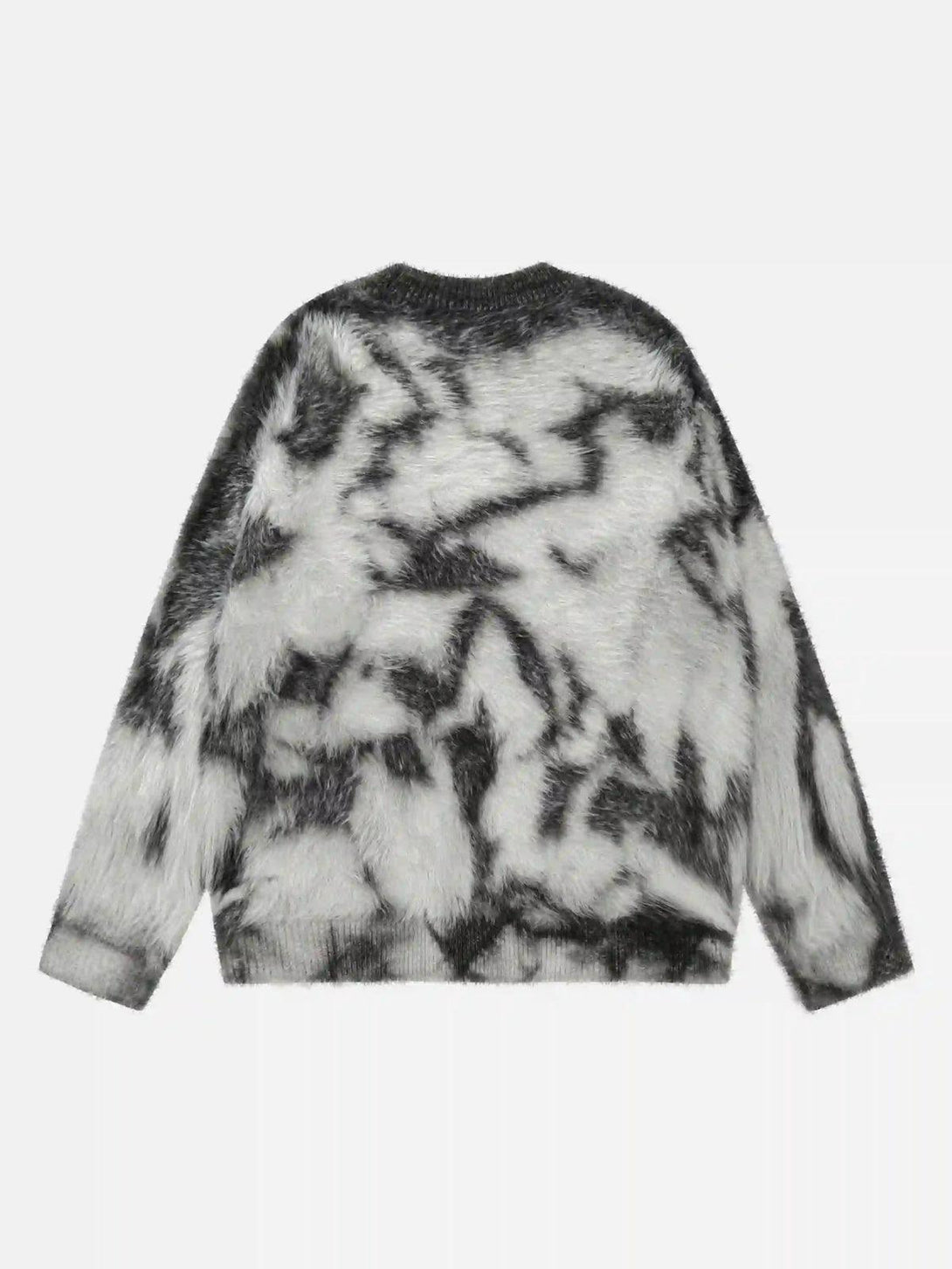 Back view of TALISHKO's mohair sweater showcasing its black and white tie-dye design.