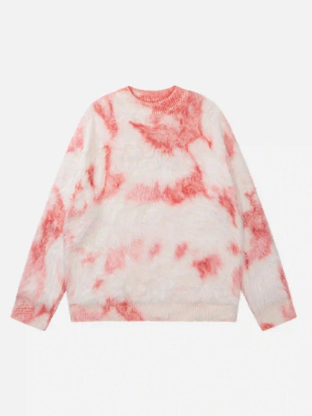 Front view of TALISHKO's mohair sweater in red and white tie-dye, showcasing its soft texture.