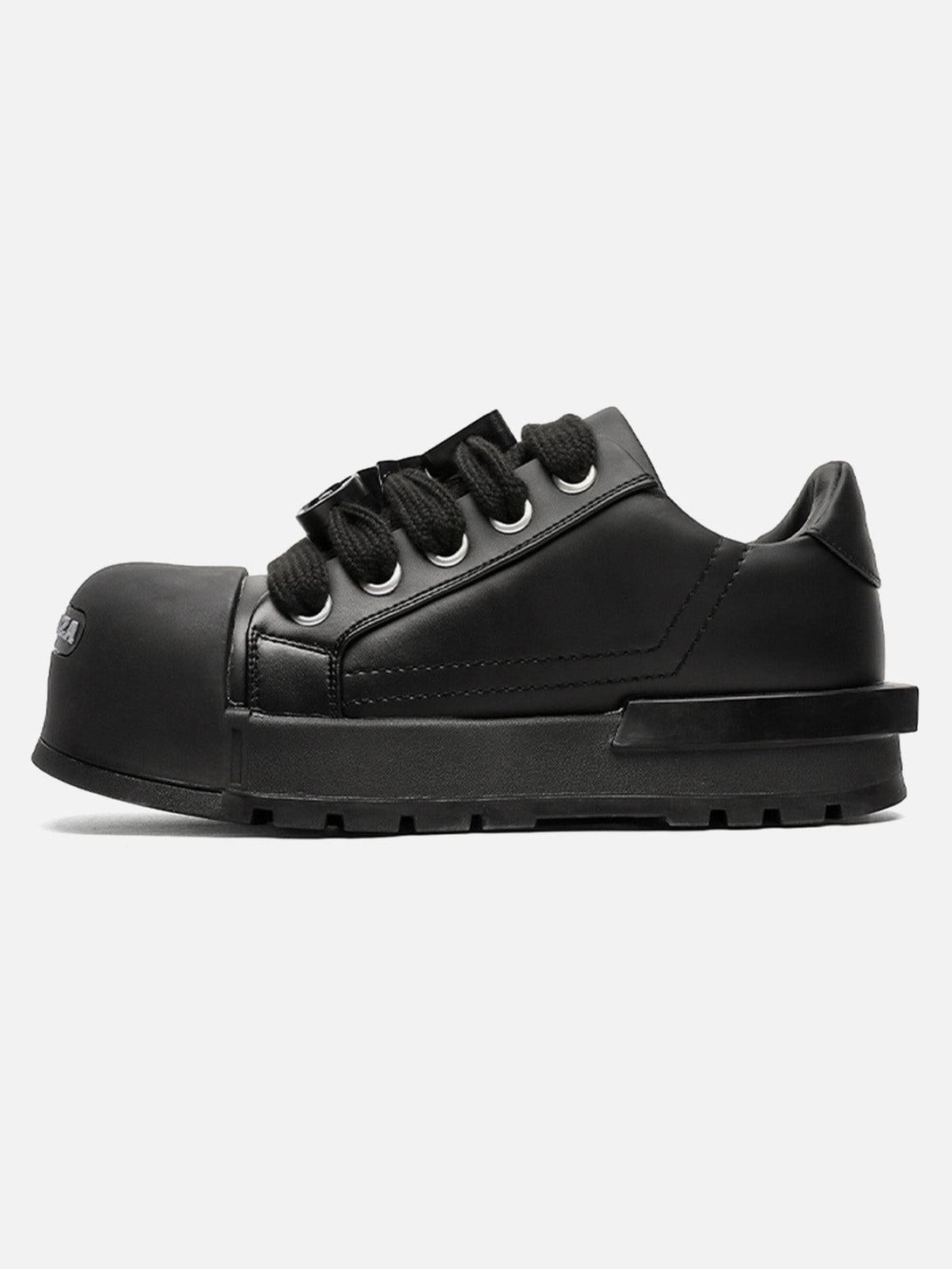 Side view of black monochrome chunky tread sneakers by TALISHKO, featuring bold laces.