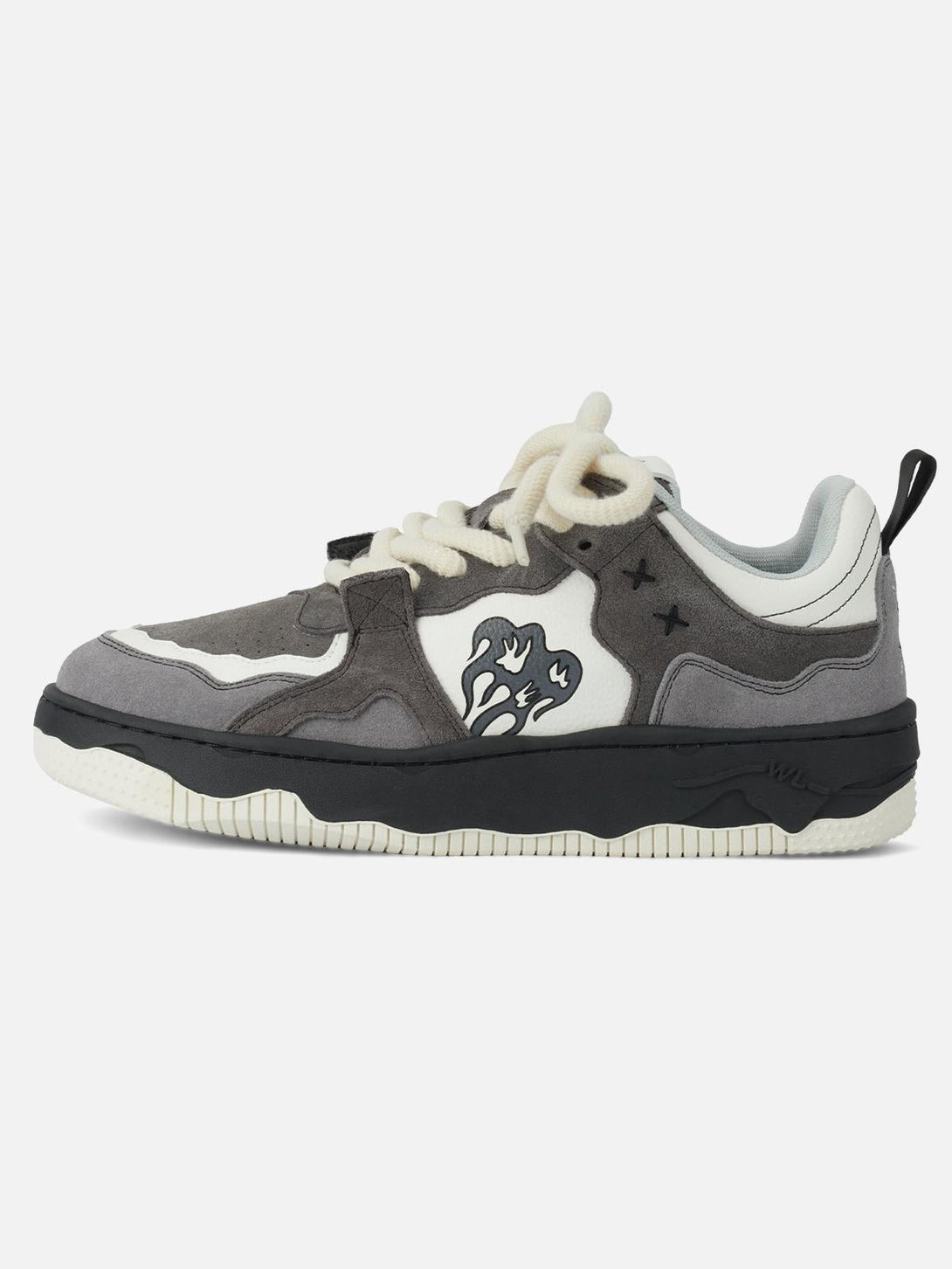 Side view of gray TALISHKO sneakers with unique flame design and thick laces.