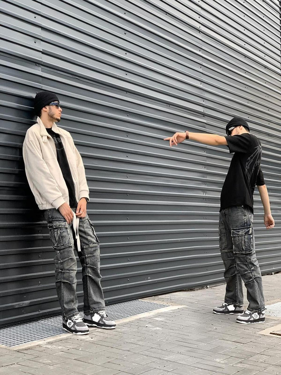 Street style by TALISHKO with monochrome sneakers, cargo pants, and casual tops.
