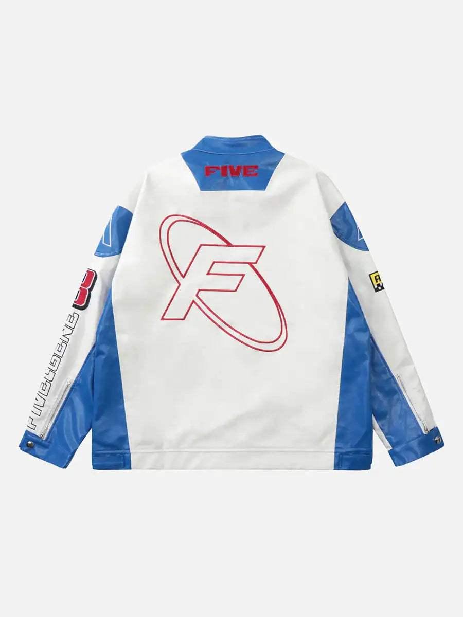 TALISHKO racing jacket in blue and white, featuring bold back graphics and sporty design.