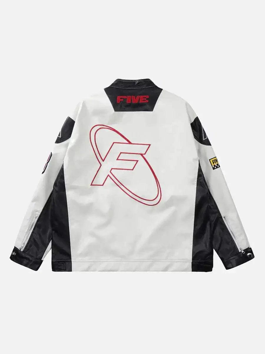 Back view of TALISHKO racing jacket in black and white, highlighting bold graphic details.