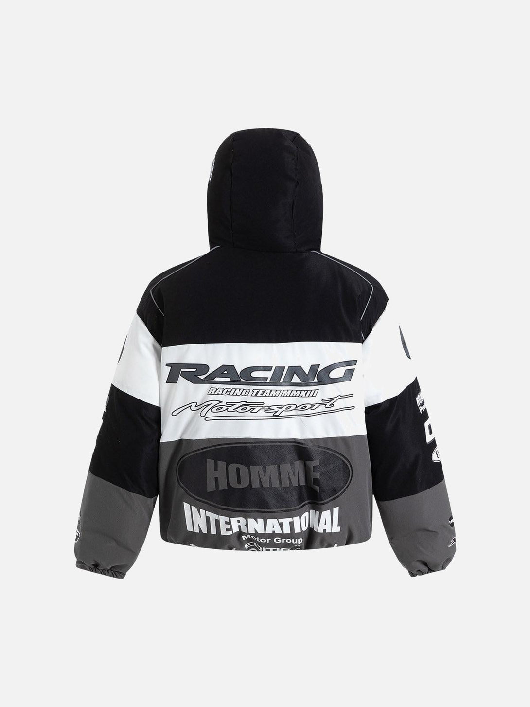Back view of TALISHKO motorcycle racing puffer jacket showcasing bold logos and graphics.