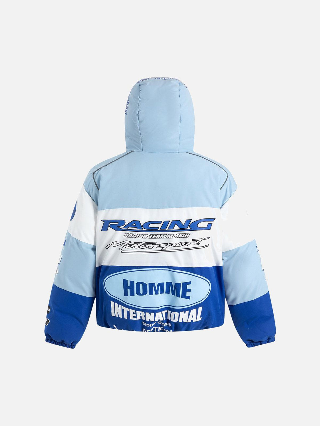 Back view of TALISHKO racing puffer jacket in blue tones, featuring striking graphic designs.