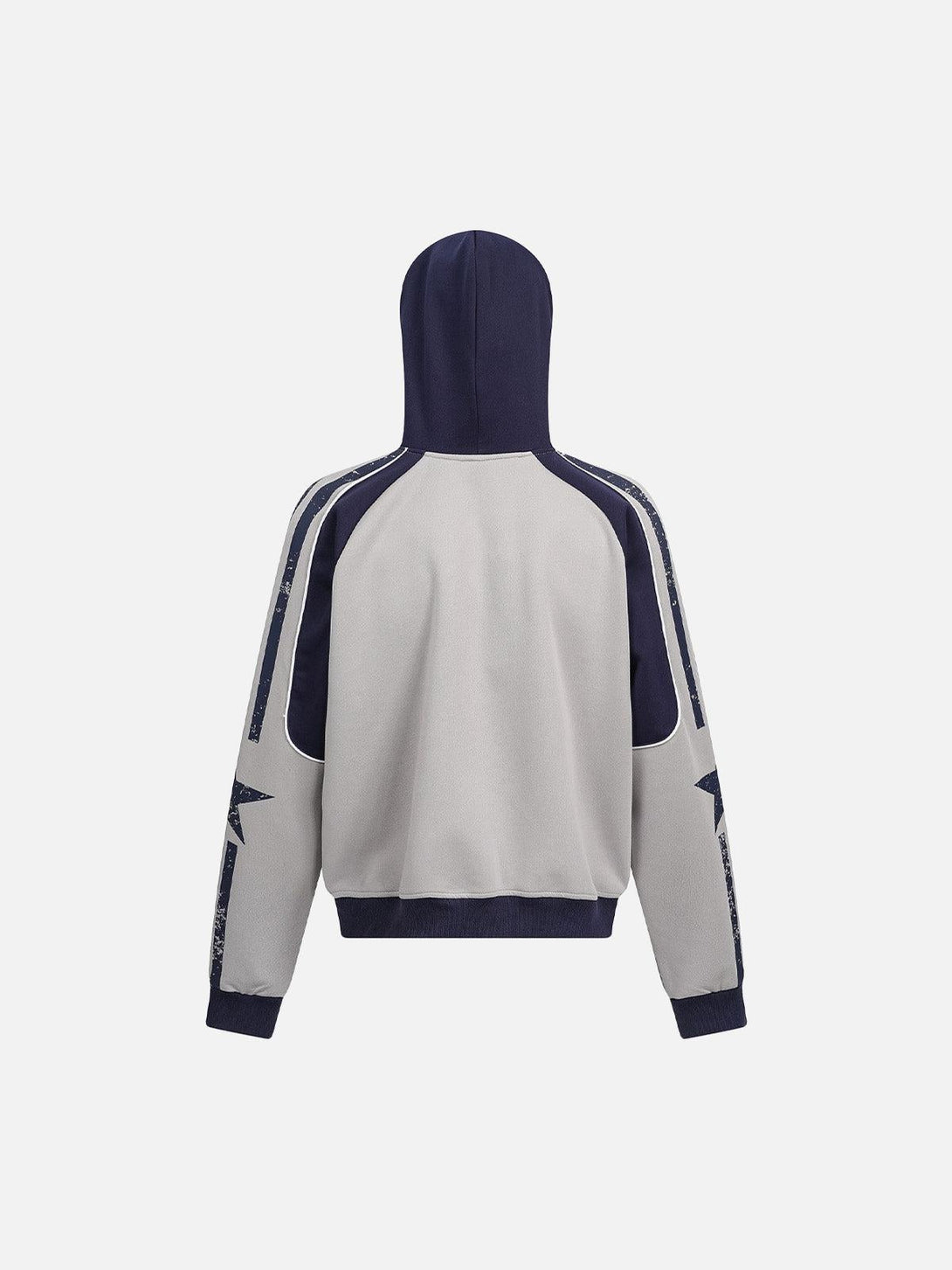 Back view of a stylish motorcycle-inspired hooded sweatshirt by TALISHKO, featuring bold prints.