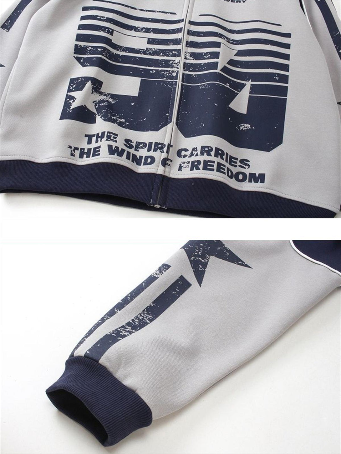 Detailed fabric and sleeve design of TALISHKO hoodie with mottled distressed prints and text.