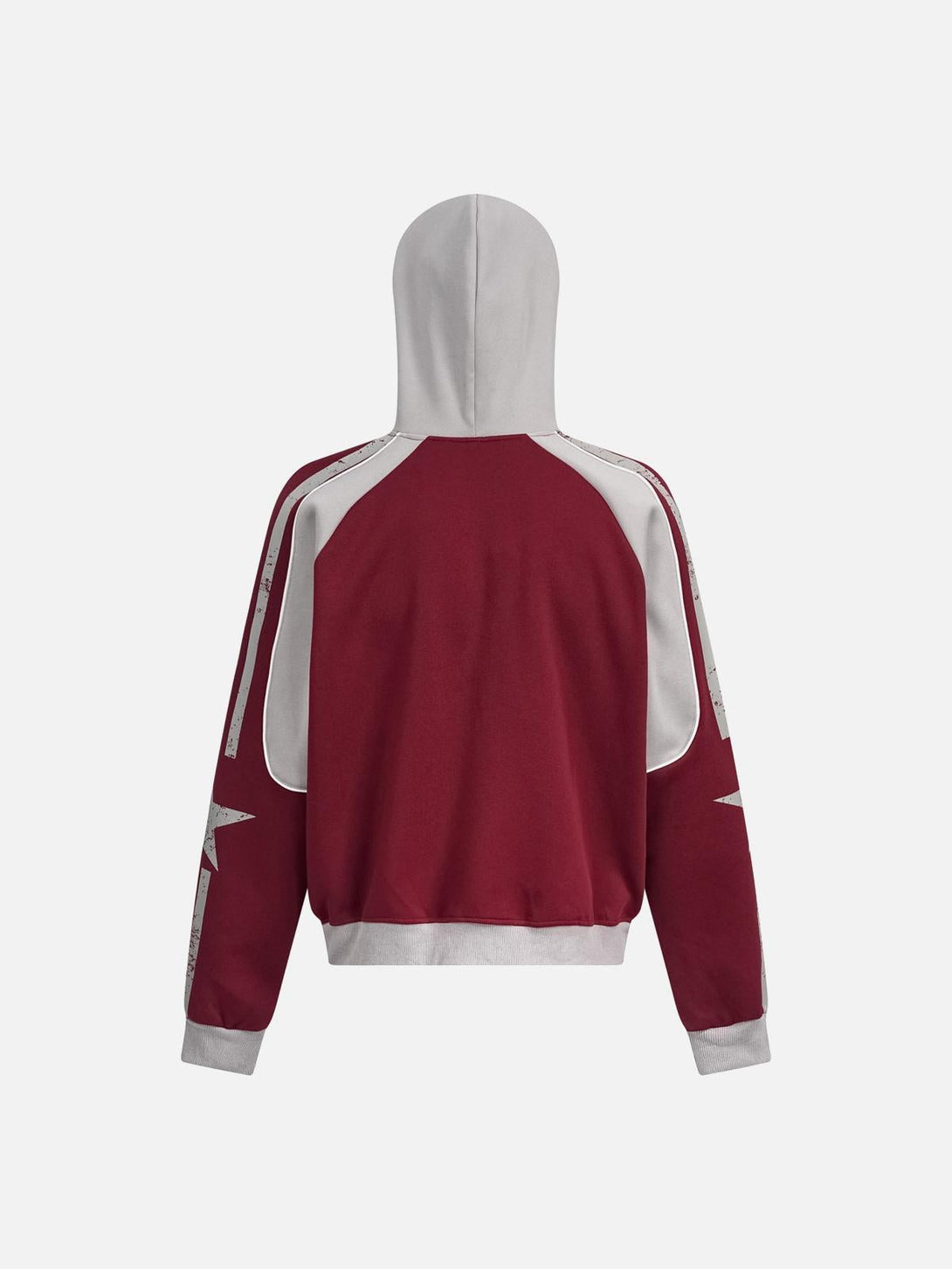 Back view of a maroon TALISHKO hoodie with gray accents and star detail on the sleeves.