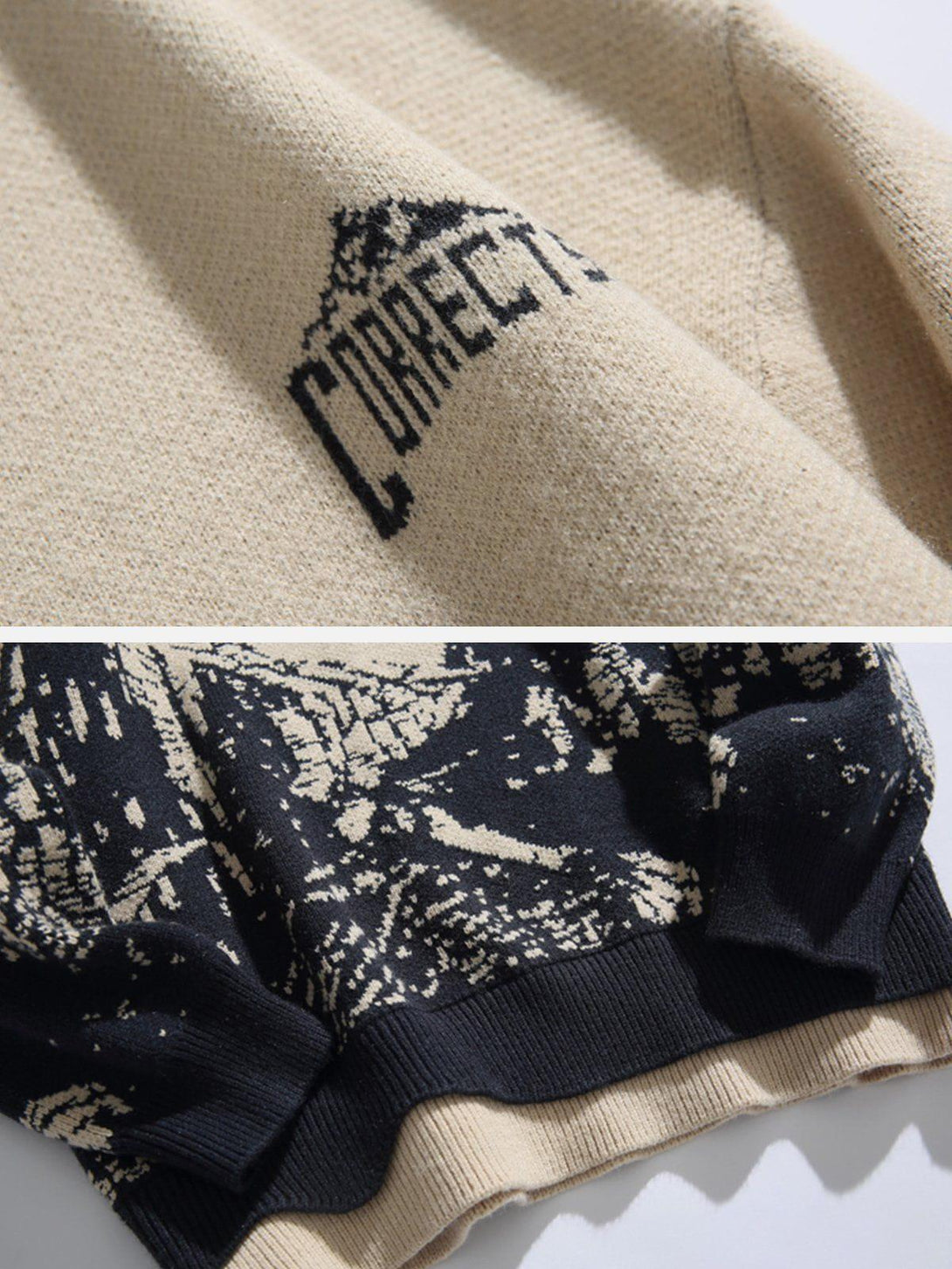 Intricate look at TALISHKO mountains knit sweater, highlighting detailed texture and pattern.