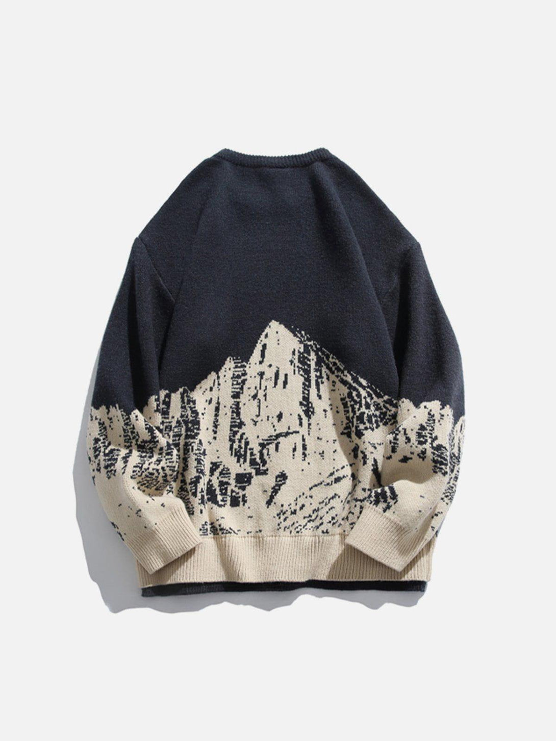 Back view of a TALISHKO mountains knit sweater, showcasing scenic pattern in neutral tones.