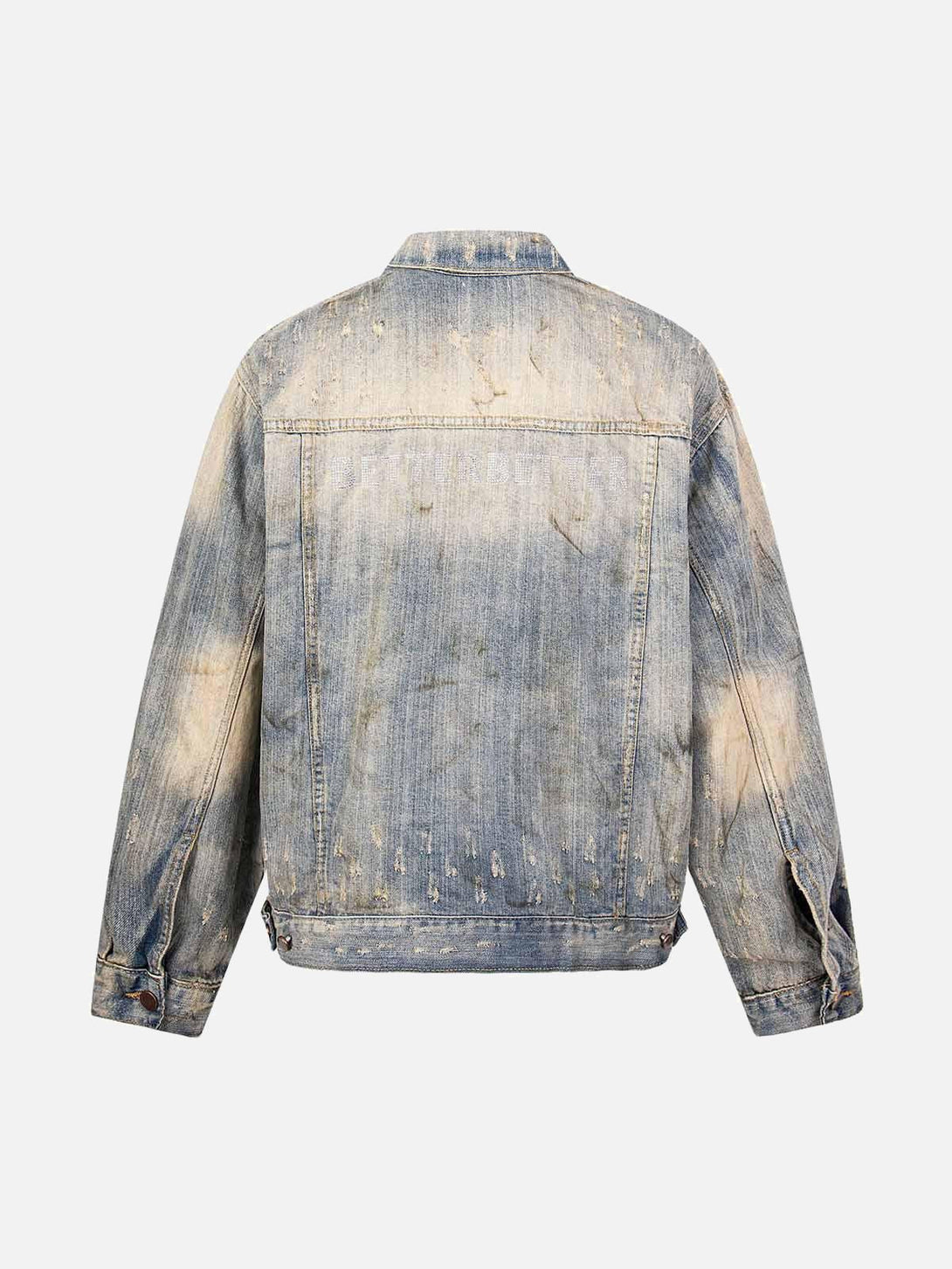 Back view of a mud-dyed distressed denim jacket featuring rhinestone accents by TALISHKO.