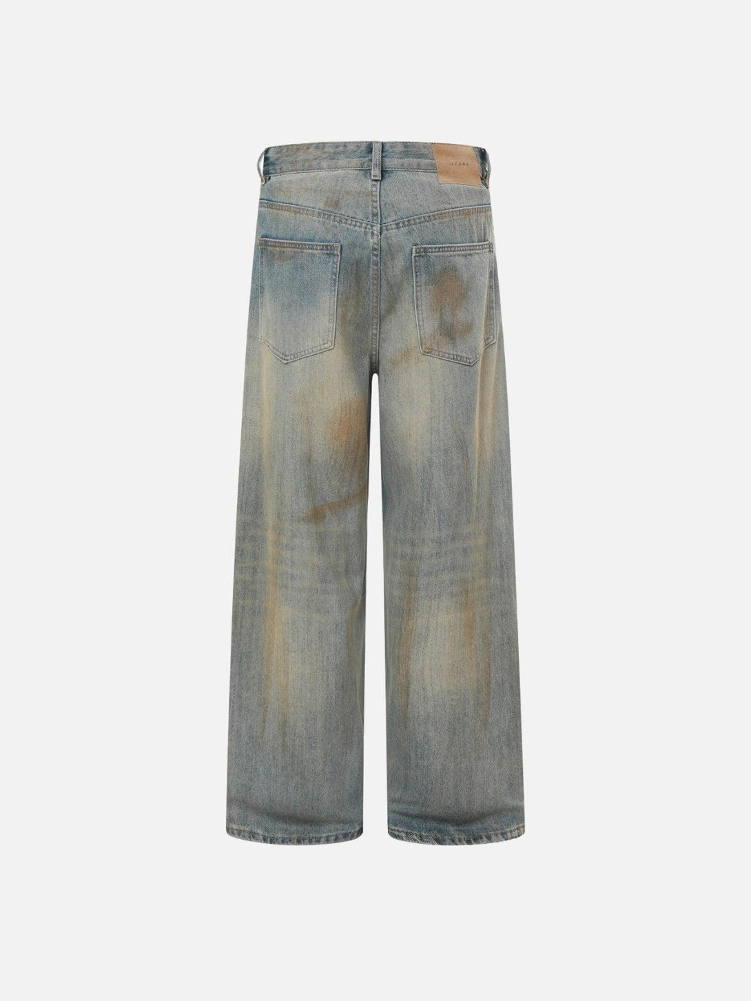 Back view of TALISHKO jeans showcasing vintage fade and unique mud dyeing details.