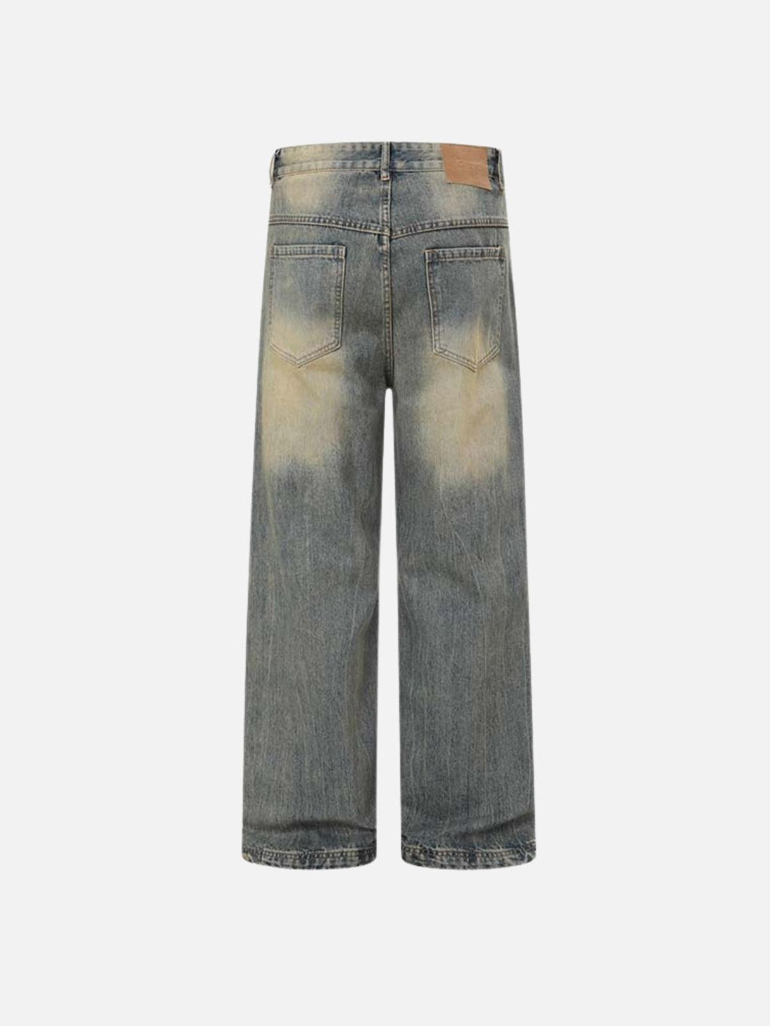 Back view of mud-dyeing jeans by TALISHKO, featuring a unique faded design and relaxed fit.