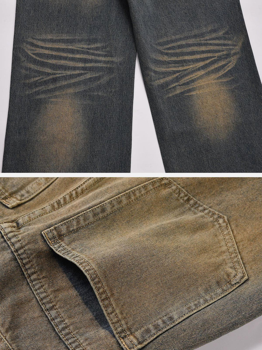 Intricate look at the faded texture on TALISHKO Mud Dyeing Washed Jeans, emphasizing detail.