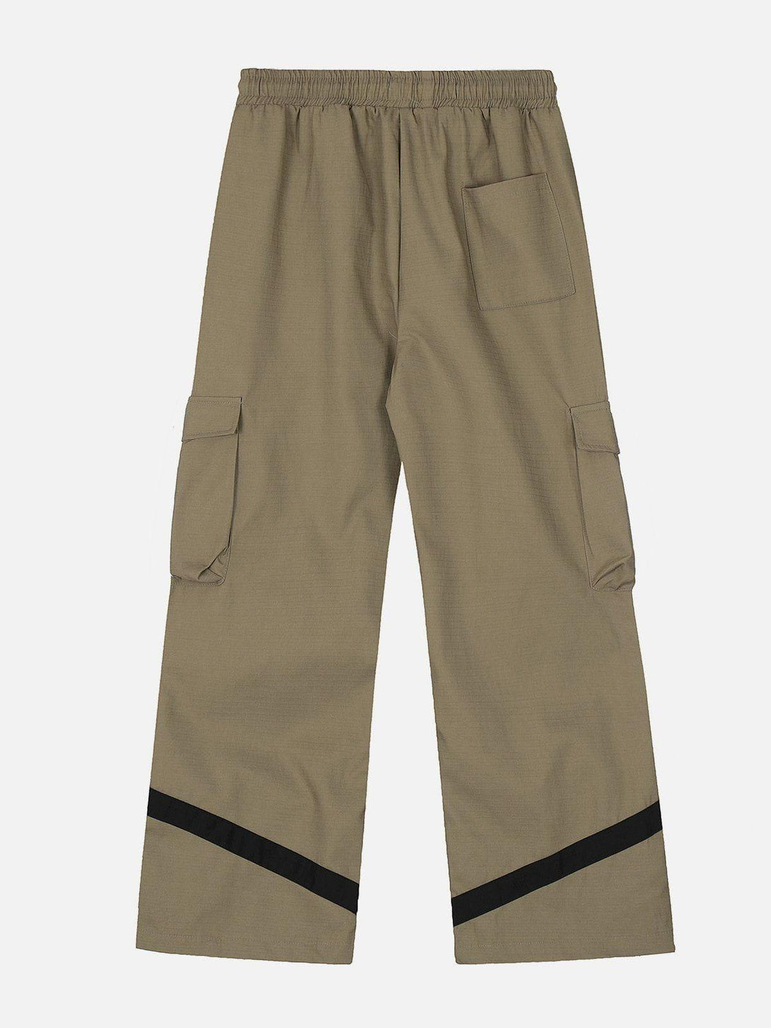 Back view of khaki cargo pants with black accents and pocket details by TALISHKO.