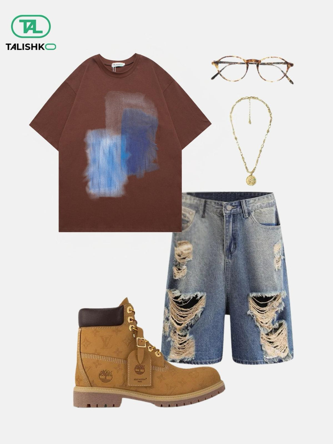 Casual ensemble with brown graphic tee, distressed denim shorts, boots, glasses, and necklace by TALISHKO.