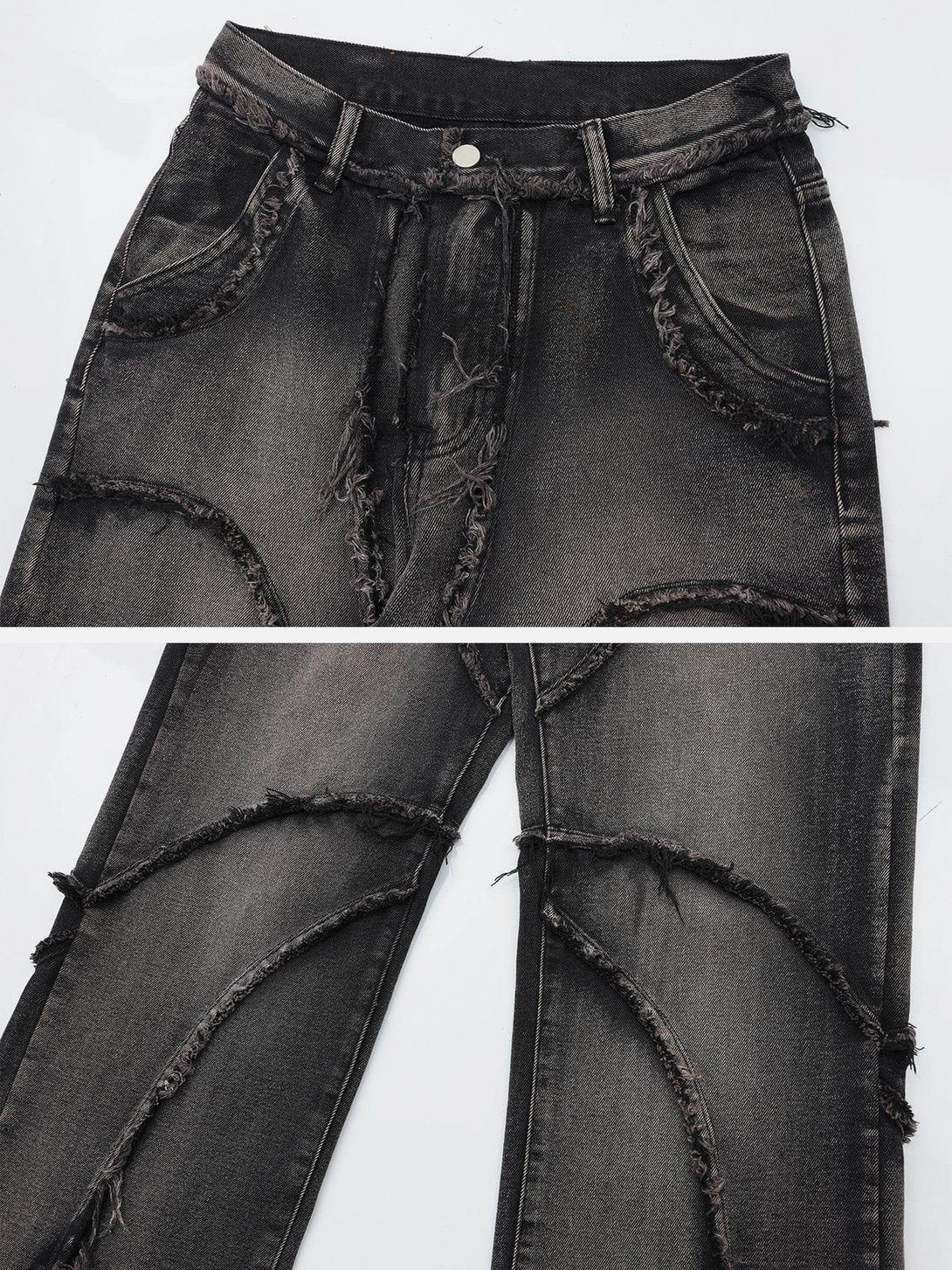Detailed look at the fringed texture of washed jeans by TALISHKO, showcasing unique style.