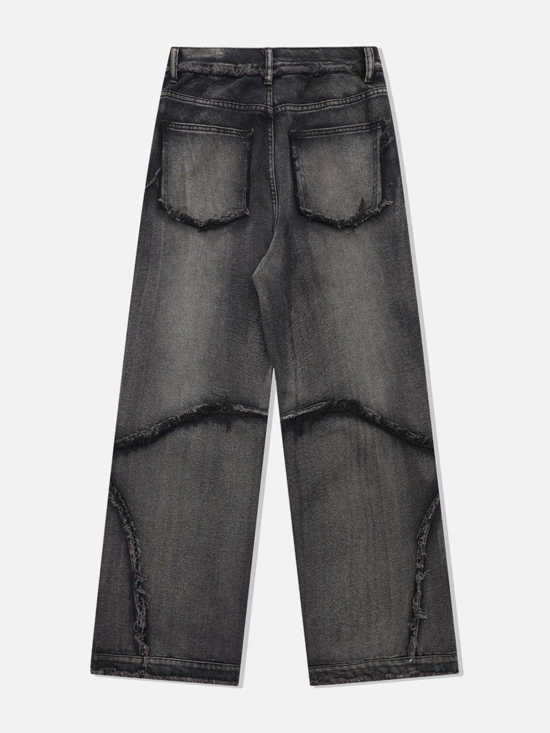 Back view of washed jeans with fringe details by TALISHKO, adding a unique touch to any look.