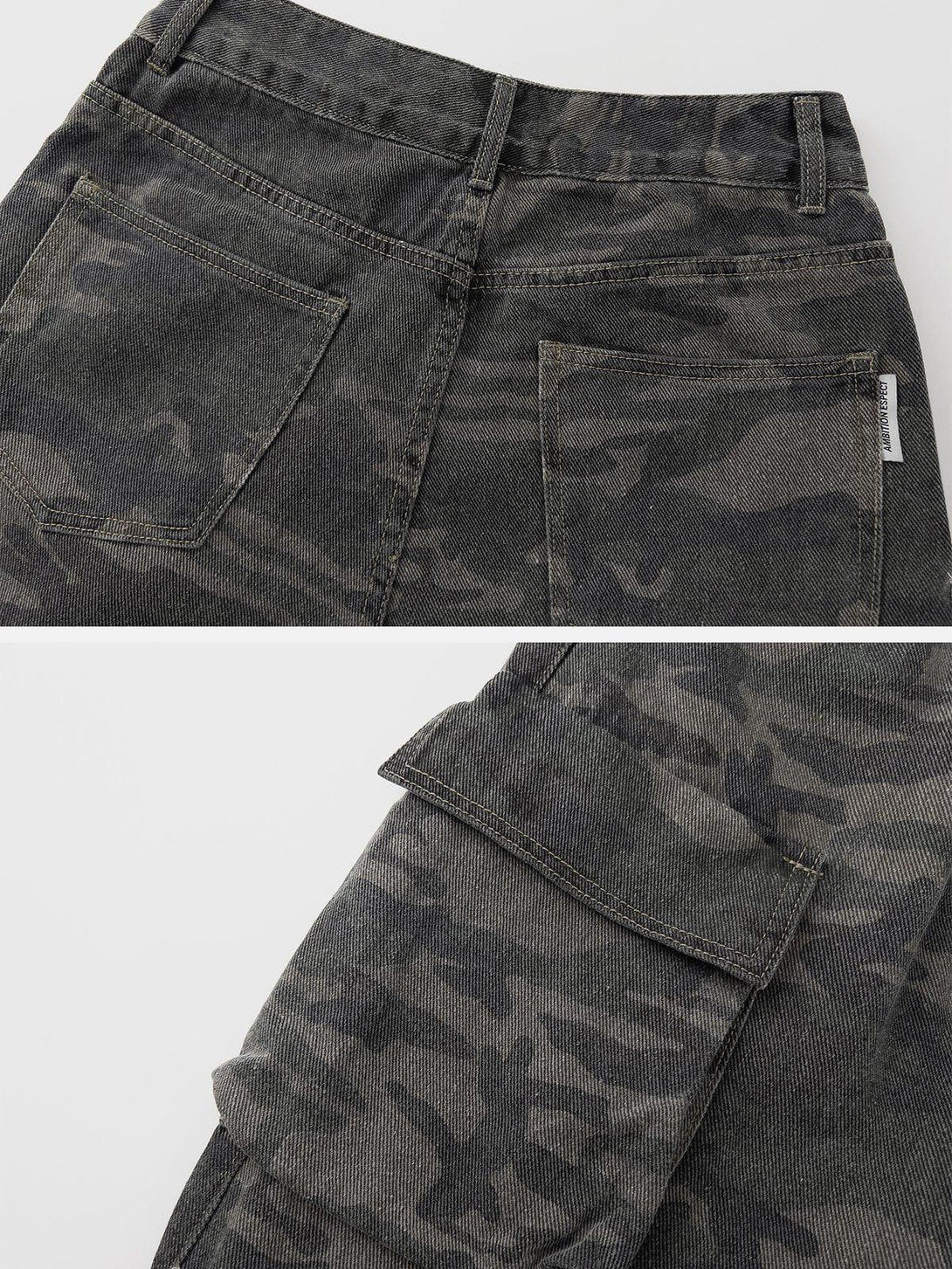 Detail shot of TALISHKO camouflage cargo pants, highlighting multi-pocket design and texture.