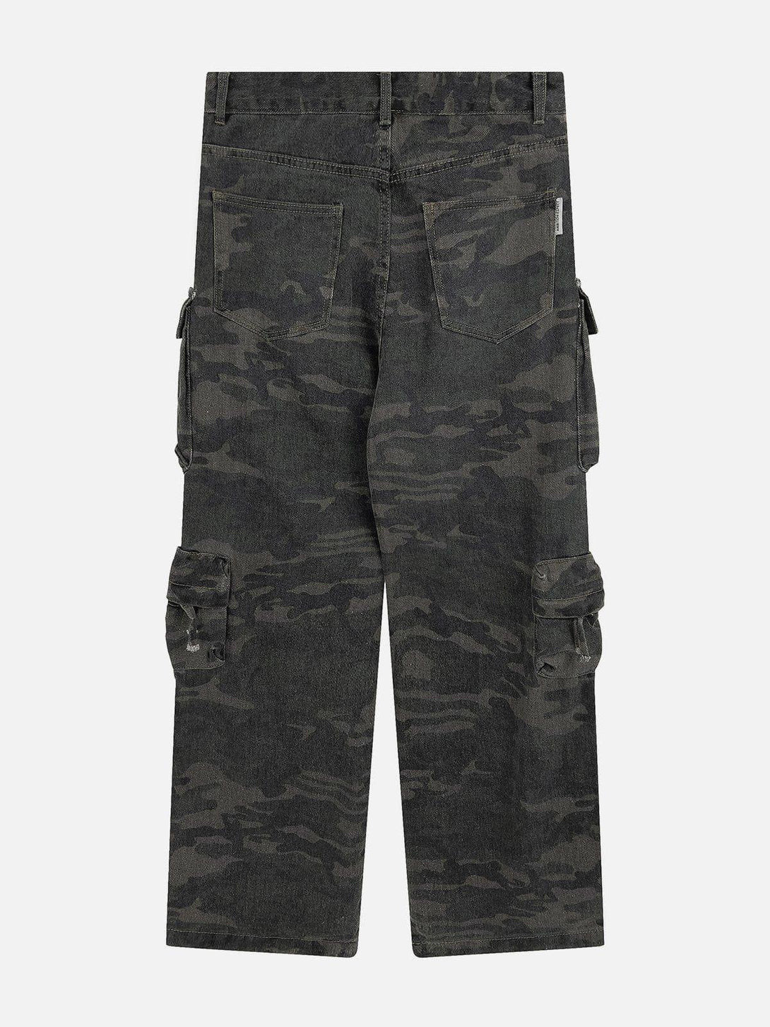 Back view of TALISHKO camo cargo pants with multiple pockets, ideal for casual street style.