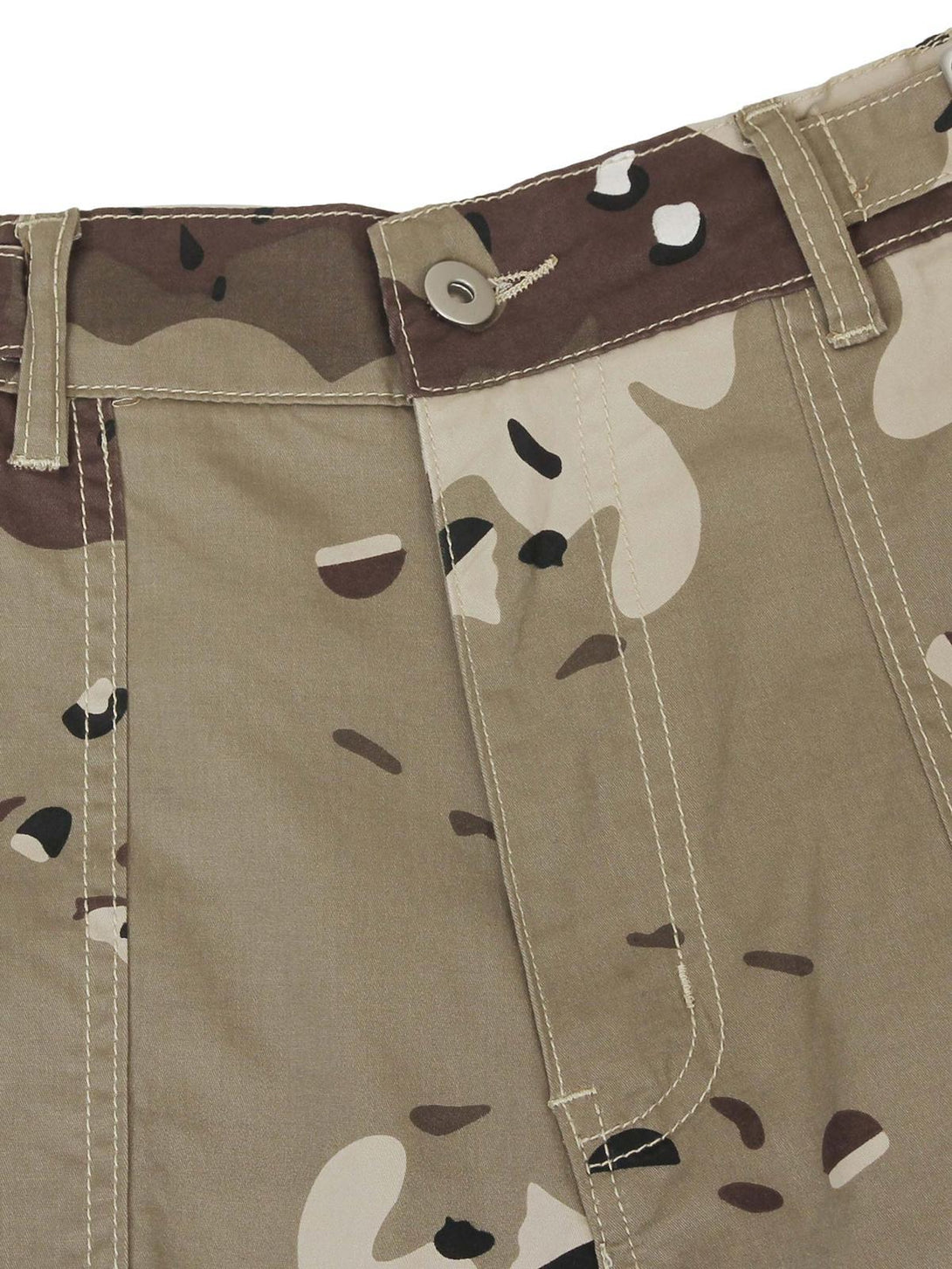 Intricate look at the camouflage fabric and stitching on TALISHKO's cargo pants.