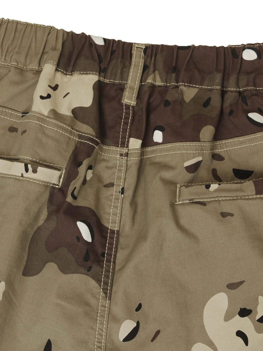 Back detail of TALISHKO's camouflage cargo pants, highlighting the elastic waistband and pockets.