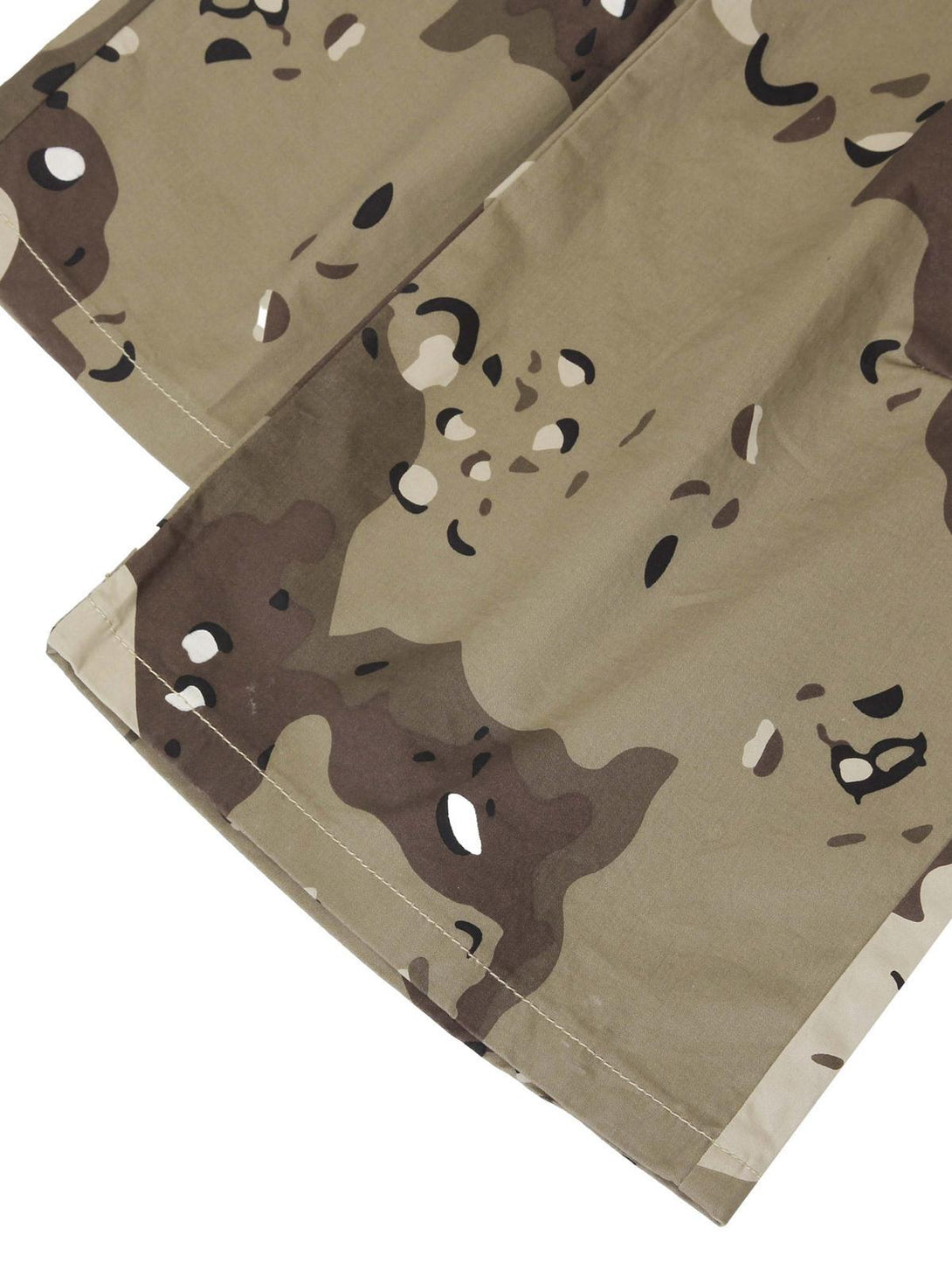 Detailed fabric and pattern of TALISHKO's cargo pants, showcasing camouflage design.