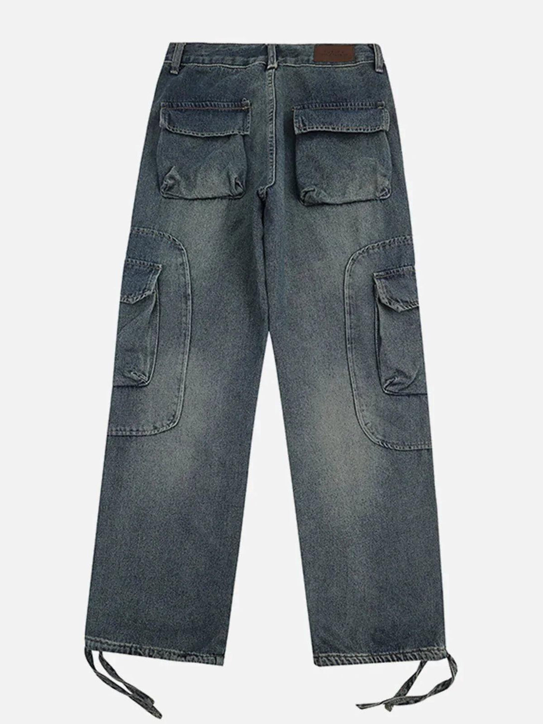 Back view of TALISHKO multi-pocket cargo jeans featuring a relaxed fit and durable design.