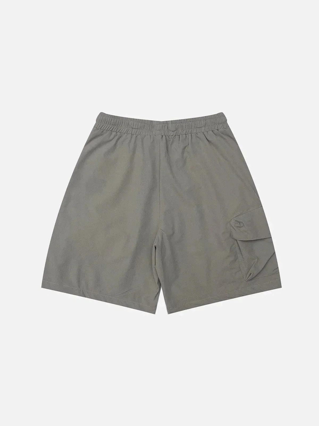 Back view of gray multi-pocket cargo shorts by TALISHKO, showcasing casual style.