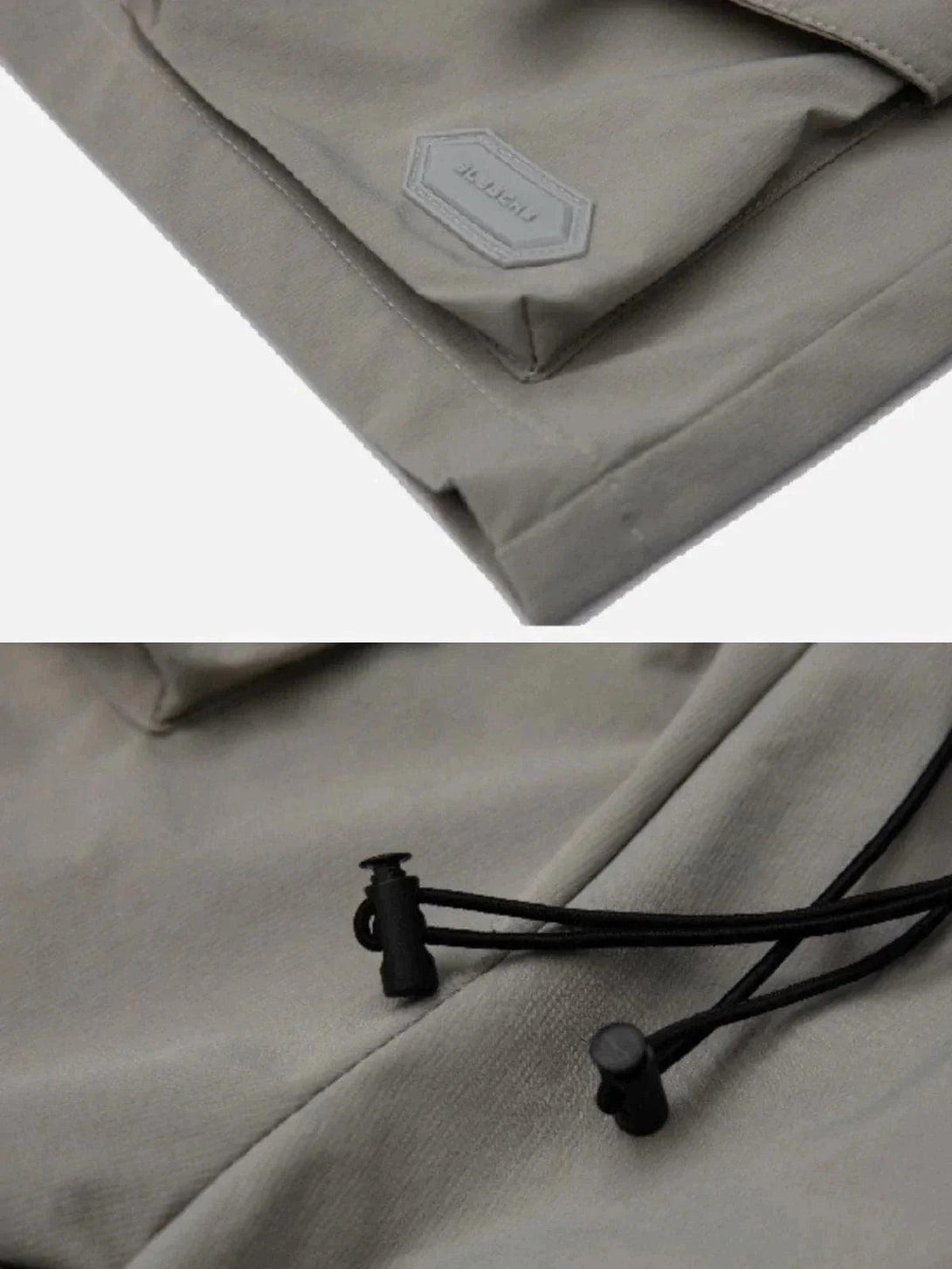 Detailed view of TALISHKO cargo shorts' pocket and drawstring, highlighting utility design.