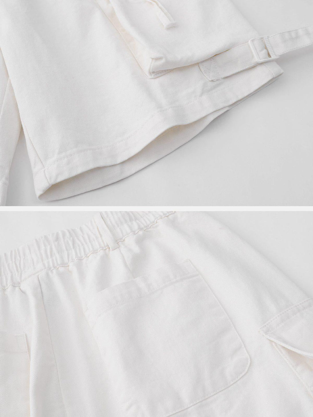 Detailed view of white cargo shorts by TALISHKO, highlighting pockets and adjustable features.