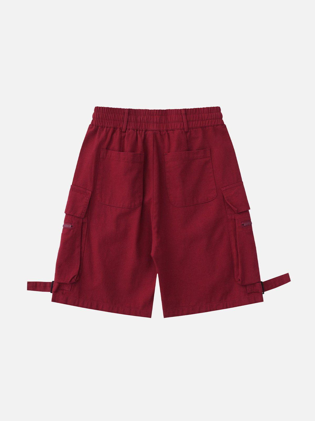 Back view of red cargo shorts with pockets and drawstring by TALISHKO, great for casual wear.