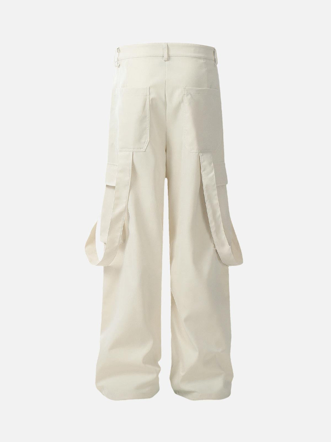 Back view of beige multi-pocket cargo pants by TALISHKO, showcasing a relaxed, versatile style.