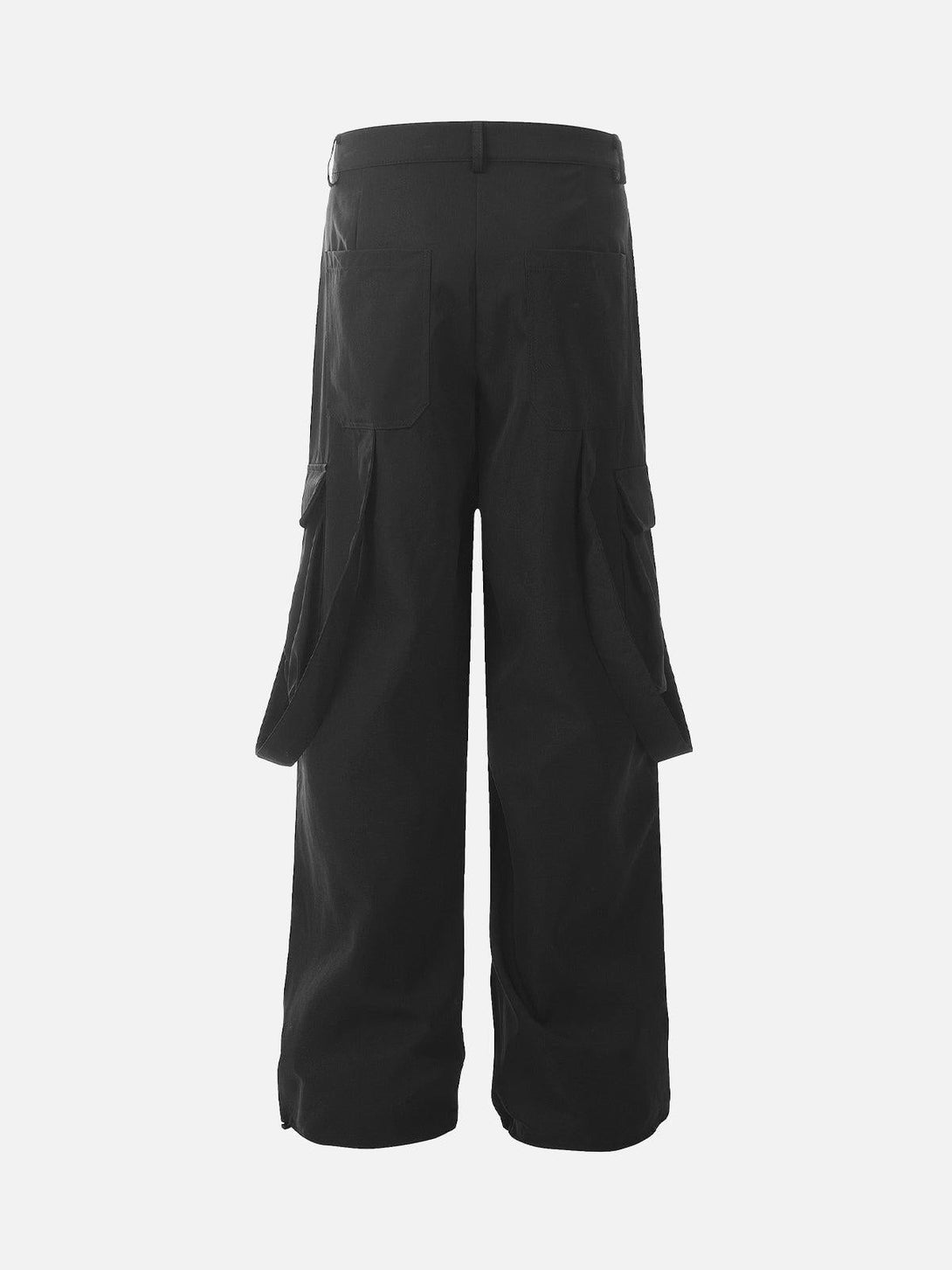 Back view of black multi-pocket casual cargo pants by TALISHKO, featuring a relaxed fit.