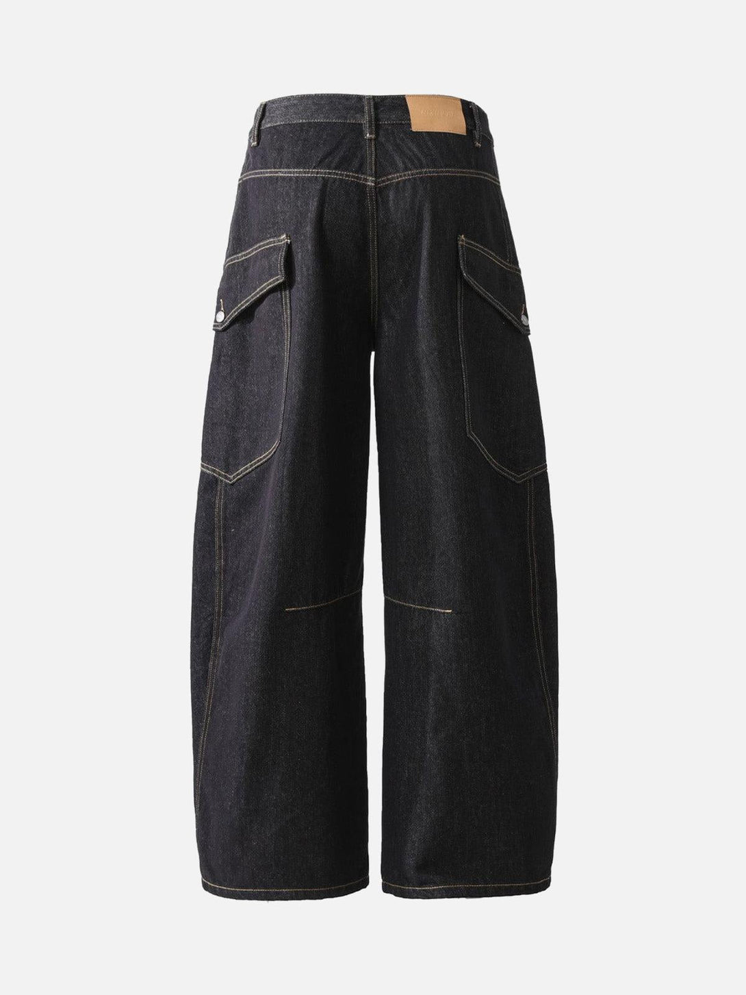 Back view of TALISHKO's barrel cargo jeans with deconstructed style and multiple pockets.